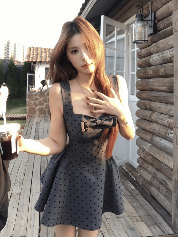 인터넷 그림 도트 무늬 나비 매듭 광장 칼라 조끼 여성 드레스 여름 새로운 허리 수축 슬림해 보이는 품격 공주 미니 스커트 이미지 5
