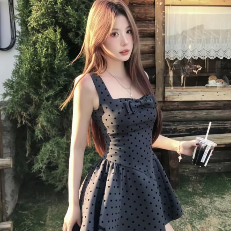 인터넷 그림 도트 무늬 나비 매듭 광장 칼라 조끼 여성 드레스 여름 새로운 허리 수축 슬림해 보이는 품격 공주 미니 스커트 이미지 6