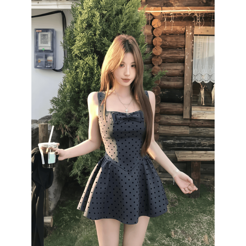 인터넷 그림 도트 무늬 나비 매듭 광장 칼라 조끼 여성 드레스 여름 새로운 허리 수축 슬림해 보이는 품격 공주 미니 스커트 상세 이미지 2