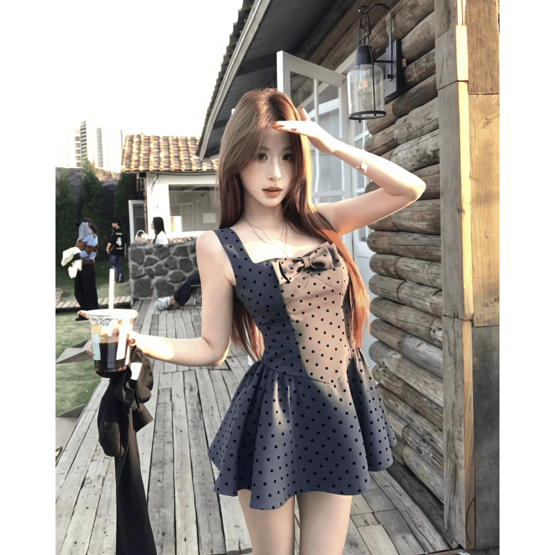 인터넷 그림 도트 무늬 나비 매듭 광장 칼라 조끼 여성 드레스 여름 새로운 허리 수축 슬림해 보이는 품격 공주 미니 스커트 상세 이미지 3