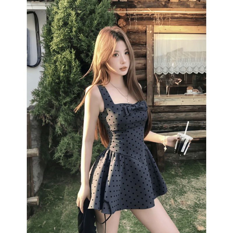 인터넷 그림 도트 무늬 나비 매듭 광장 칼라 조끼 여성 드레스 여름 새로운 허리 수축 슬림해 보이는 품격 공주 미니 스커트 상세 이미지 4