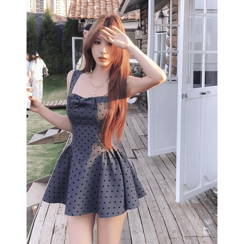 인터넷 그림 도트 무늬 나비 매듭 광장 칼라 조끼 여성 드레스 여름 새로운 허리 수축 슬림해 보이는 품격 공주 미니 스커트 상세 이미지 5