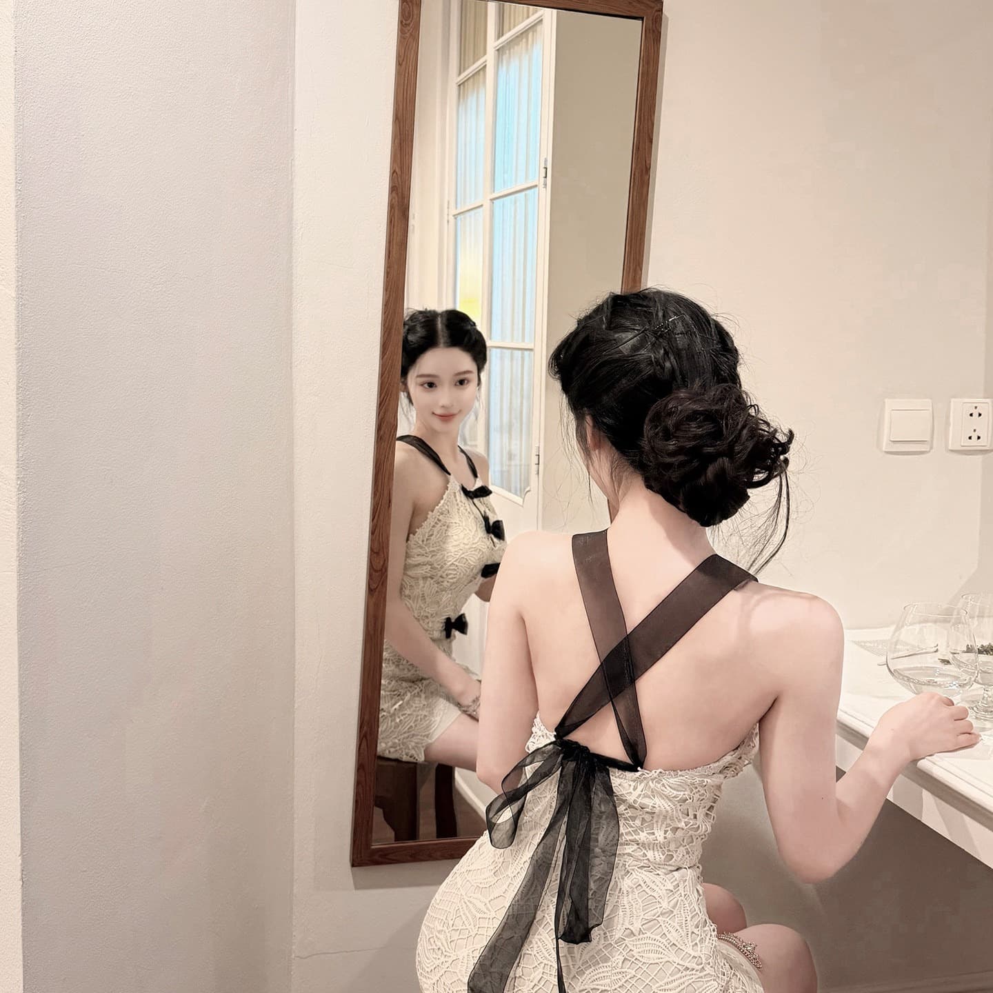 인터넷 그림 리스 요새 연인 십자가 백리스 민소매 여성 드레스 고급 센스 치마 이미지 5
