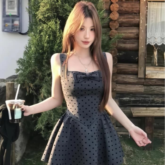 인터넷 그림 도트 무늬 나비 매듭 광장 칼라 조끼 여성 드레스 여름 새로운 허리 수축 슬림해 보이는 품격 공주 미니 스커트 이미지 3