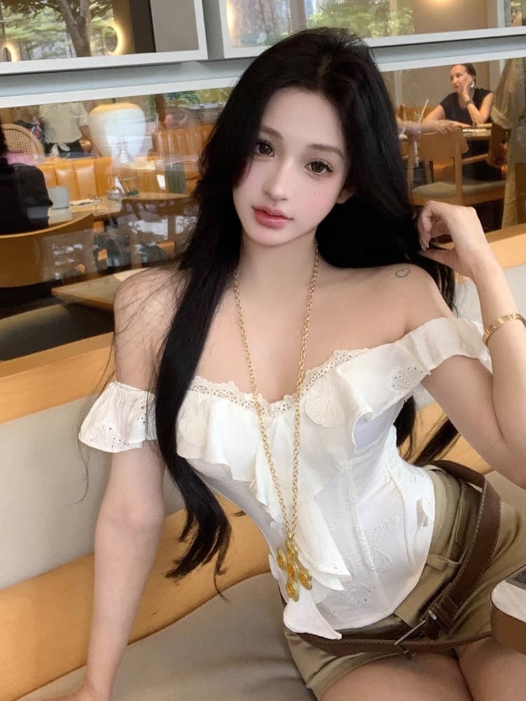 인터넷 그림 오프숄더 프릴 레이스 생선뼈 코르셋 순수한 욕망 섹시함 이슬 쇄골 슬림해 보이는 다용도 포장 가슴 맨위 여성 이미지 2