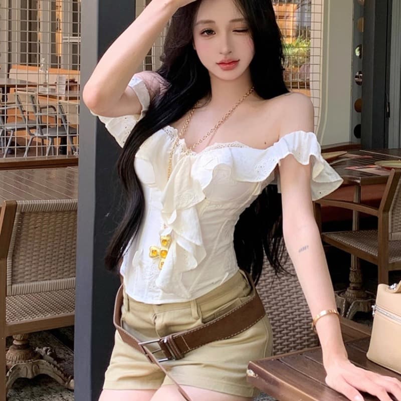 인터넷 그림 오프숄더 프릴 레이스 생선뼈 코르셋 순수한 욕망 섹시함 이슬 쇄골 슬림해 보이는 다용도 포장 가슴 맨위 여성 이미지 5