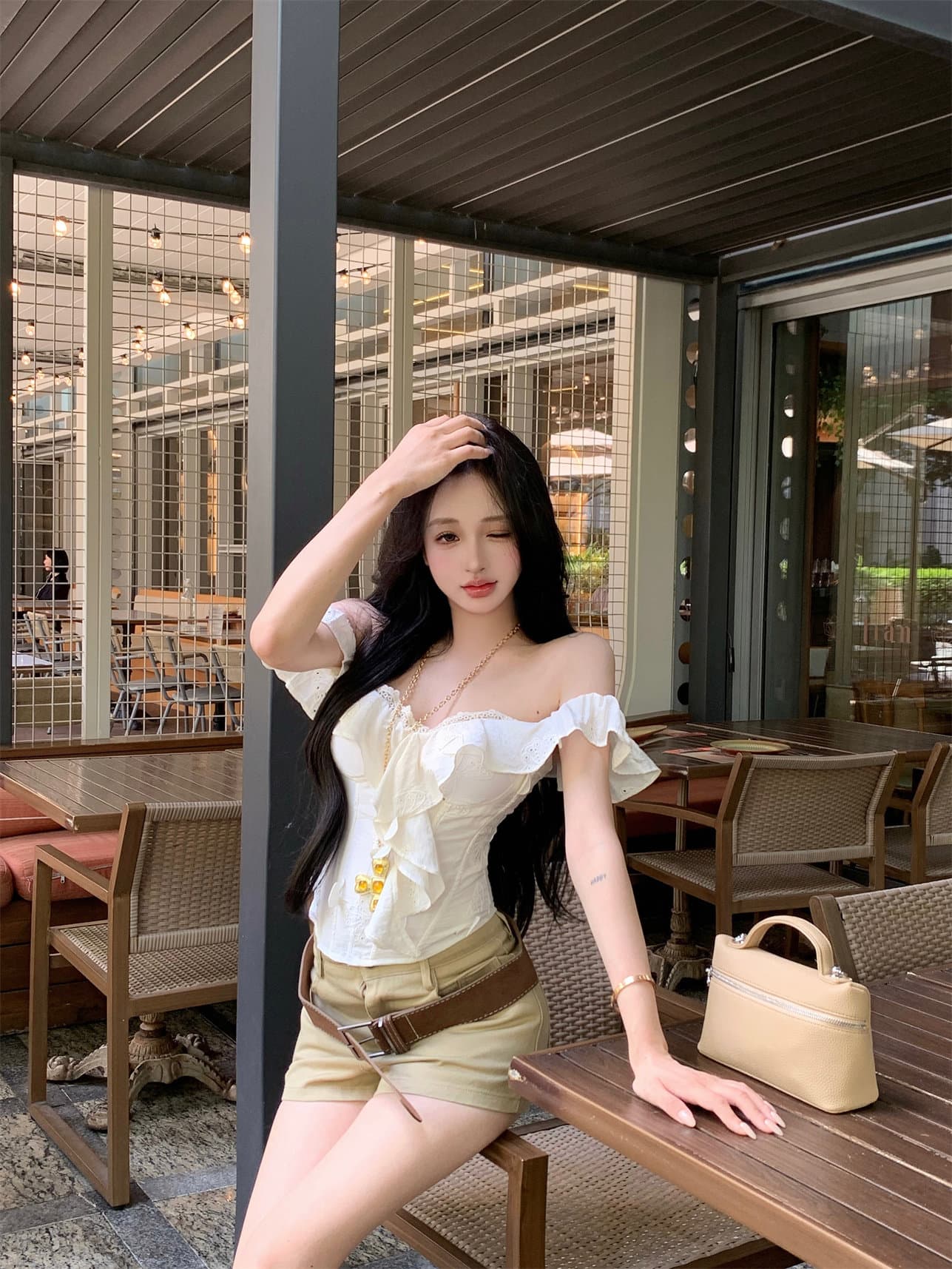 인터넷 그림 오프숄더 프릴 레이스 생선뼈 코르셋 순수한 욕망 섹시함 이슬 쇄골 슬림해 보이는 다용도 포장 가슴 맨위 여성 상세 이미지 4