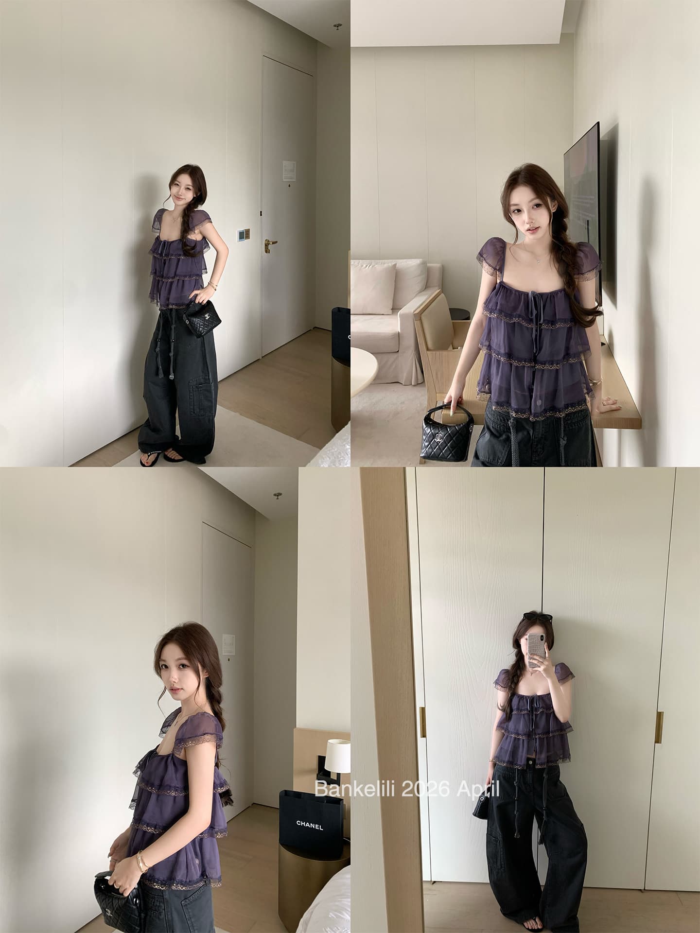 인터넷 그림 프릴 레이스 계층의 감각 작은 날다 소매 광장 칼라 슬립 여성 이미지 3