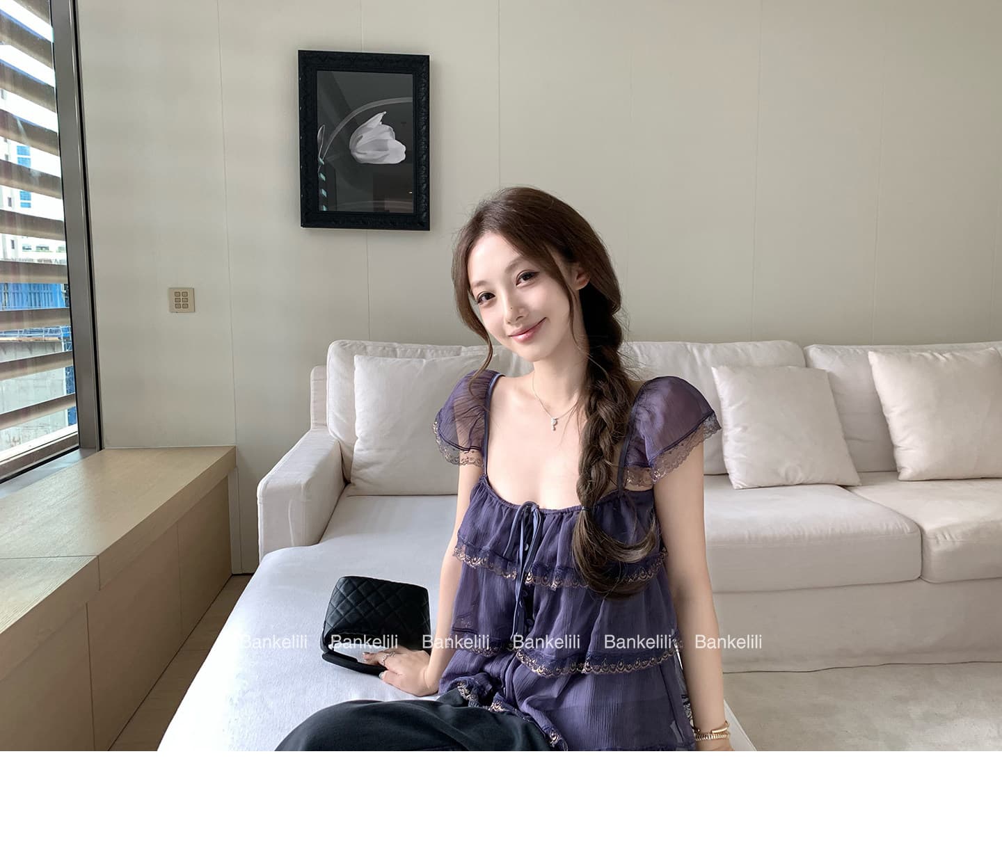 인터넷 그림 프릴 레이스 계층의 감각 작은 날다 소매 광장 칼라 슬립 여성 상세 이미지 7