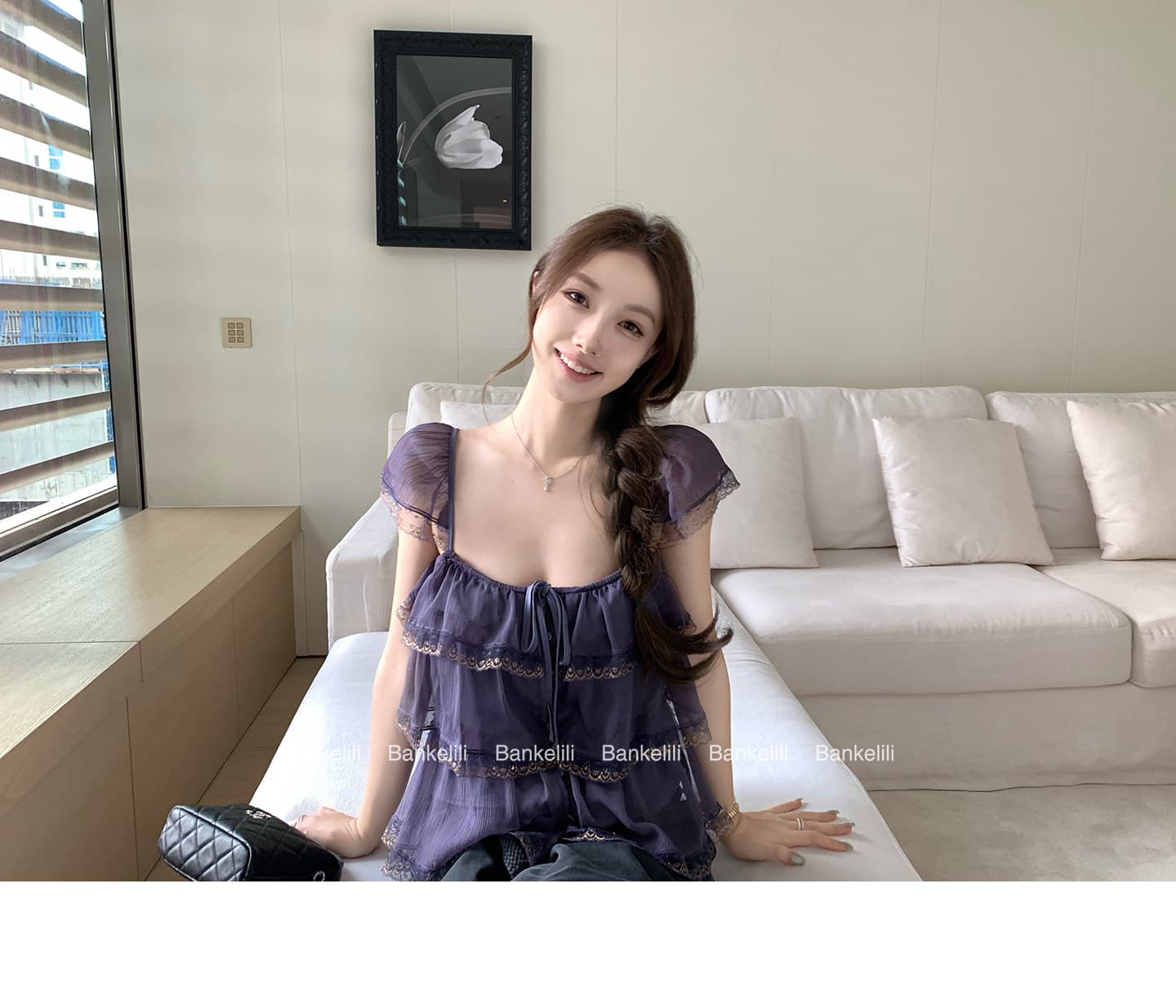 인터넷 그림 프릴 레이스 계층의 감각 작은 날다 소매 광장 칼라 슬립 여성 상세 이미지 8