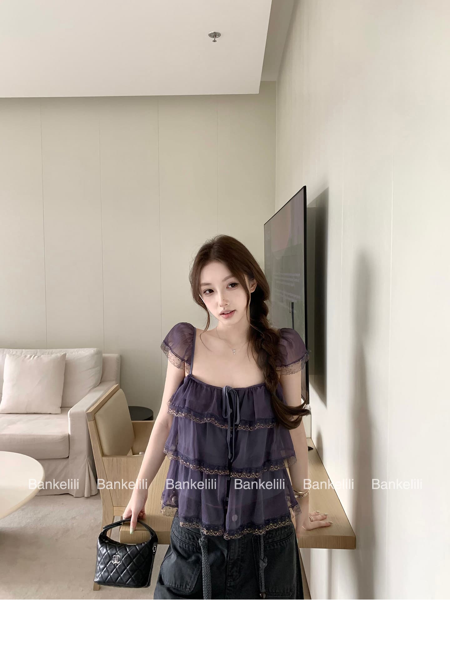 인터넷 그림 프릴 레이스 계층의 감각 작은 날다 소매 광장 칼라 슬립 여성 상세 이미지 13