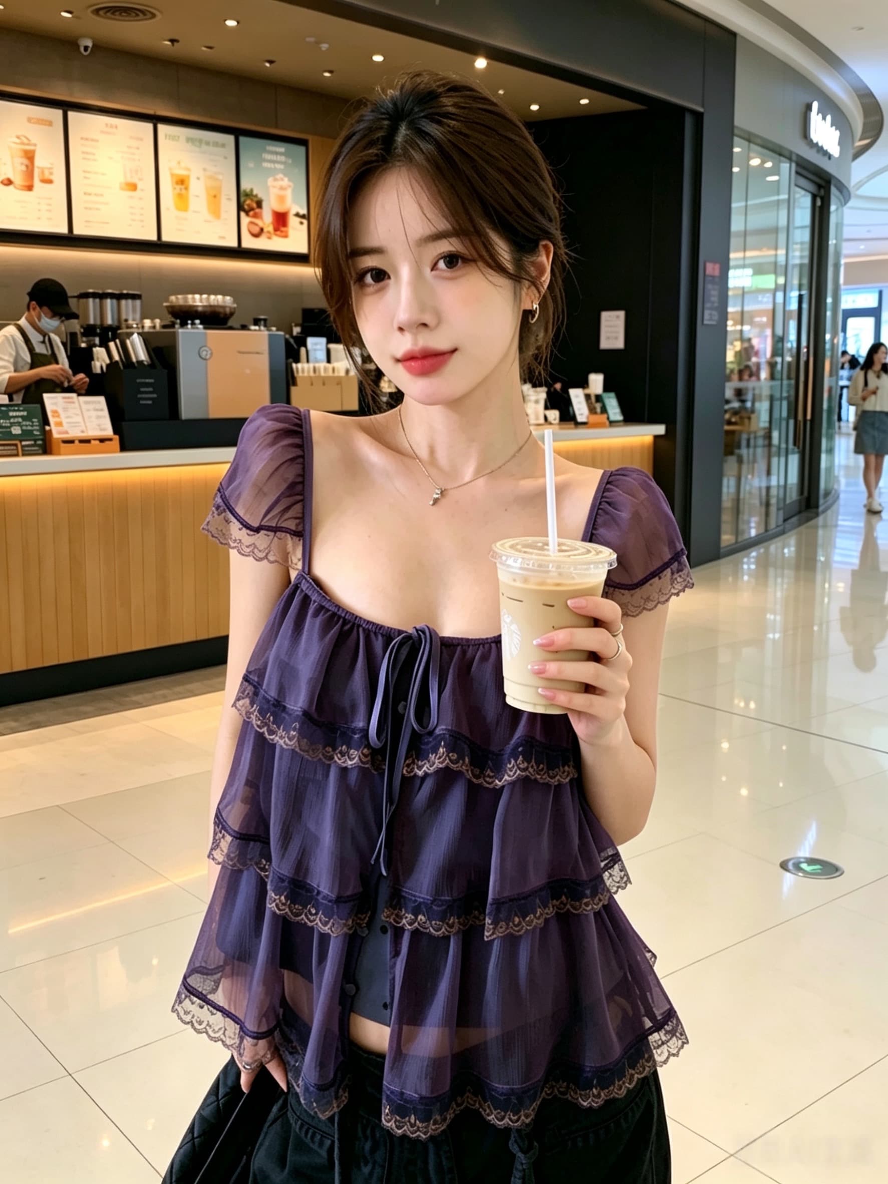 실사 정가 수 있습니다. 조정 어깨끈 오픈 가디건 프릴 레이스 계층의 감각 작은 날다 소매 광장 칼라 슬립 여성 상세 이미지 1