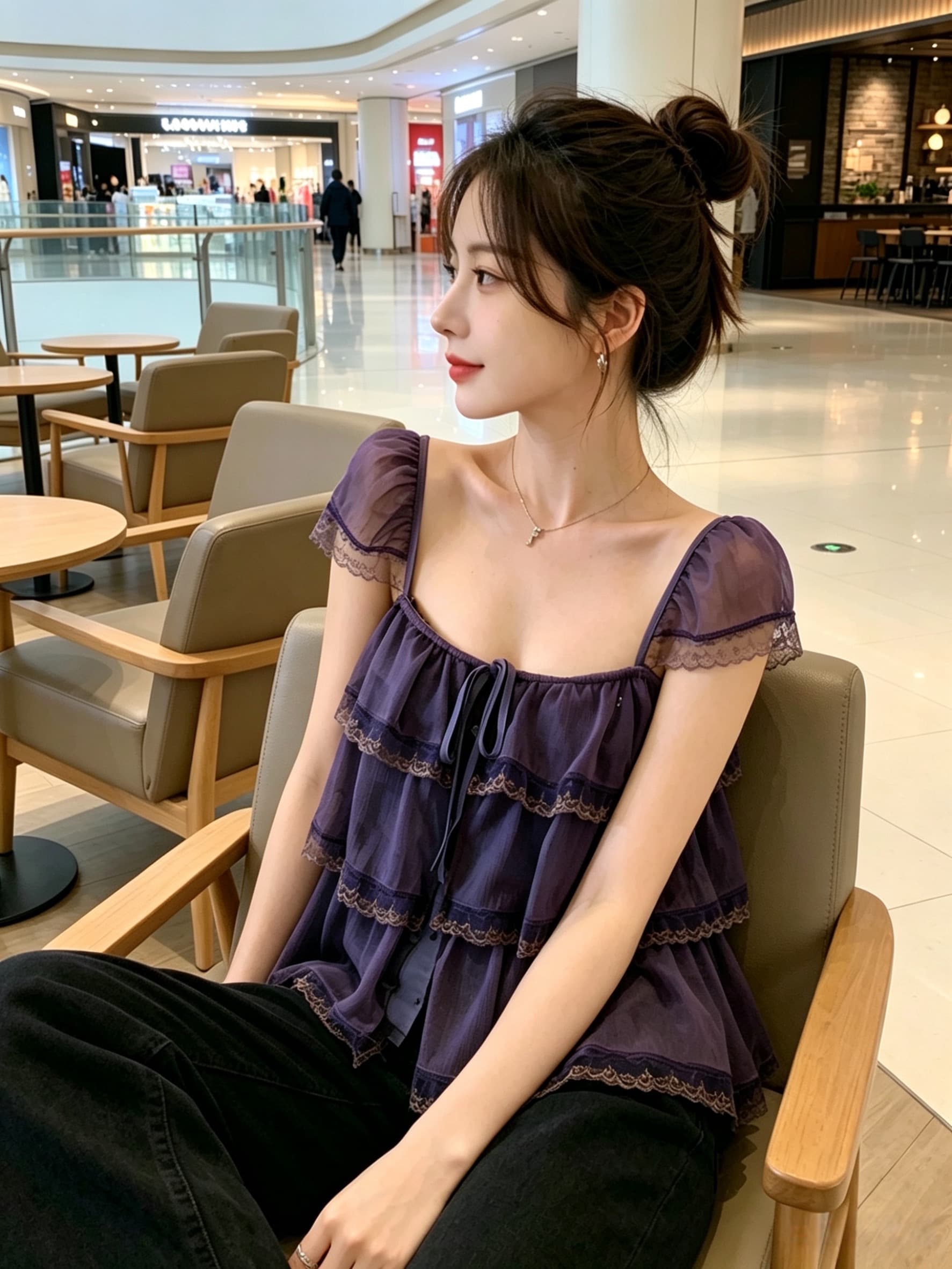 실사 정가 수 있습니다. 조정 어깨끈 오픈 가디건 프릴 레이스 계층의 감각 작은 날다 소매 광장 칼라 슬립 여성 상세 이미지 3