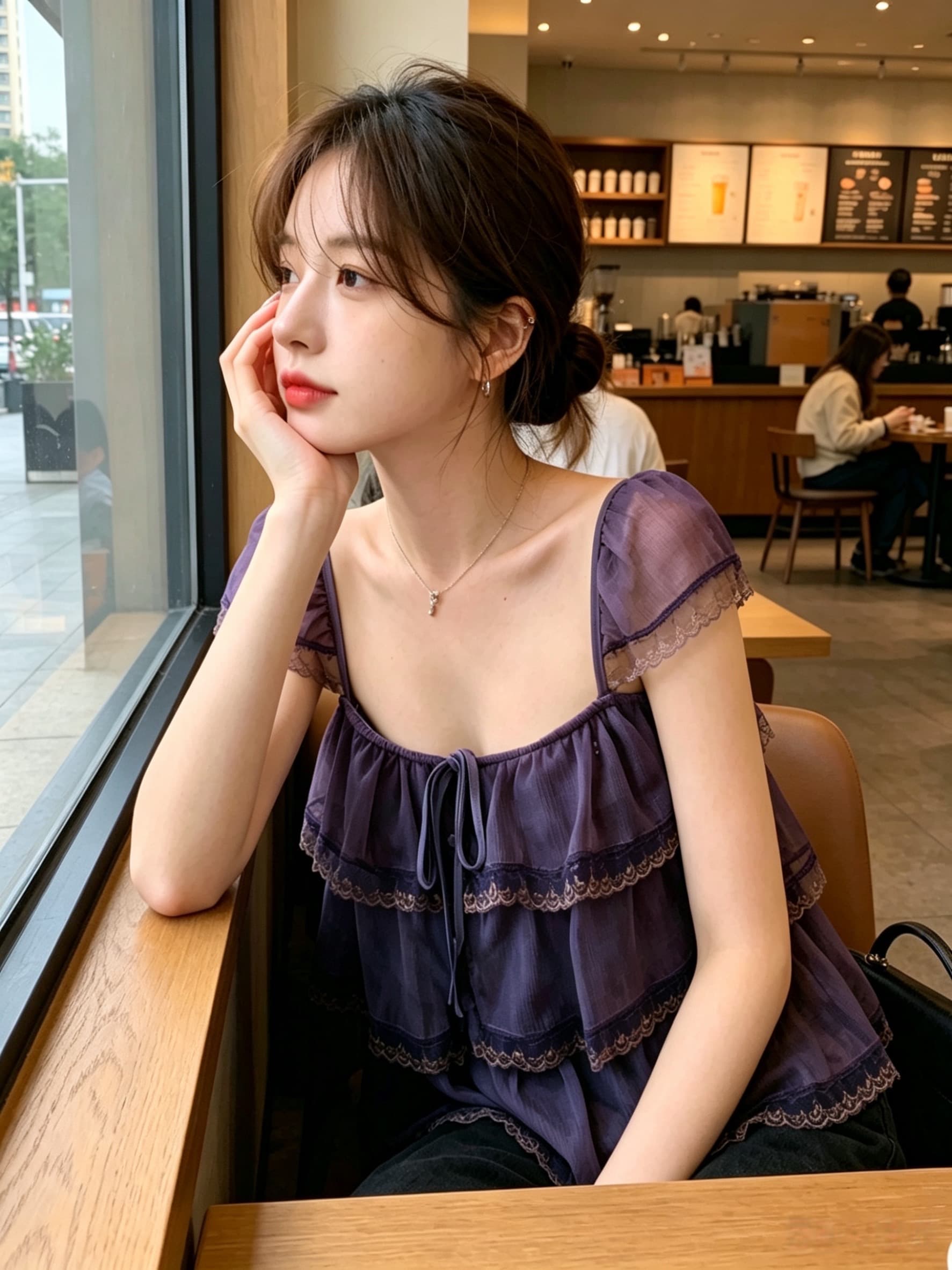 실사 정가 수 있습니다. 조정 어깨끈 오픈 가디건 프릴 레이스 계층의 감각 작은 날다 소매 광장 칼라 슬립 여성 상세 이미지 4