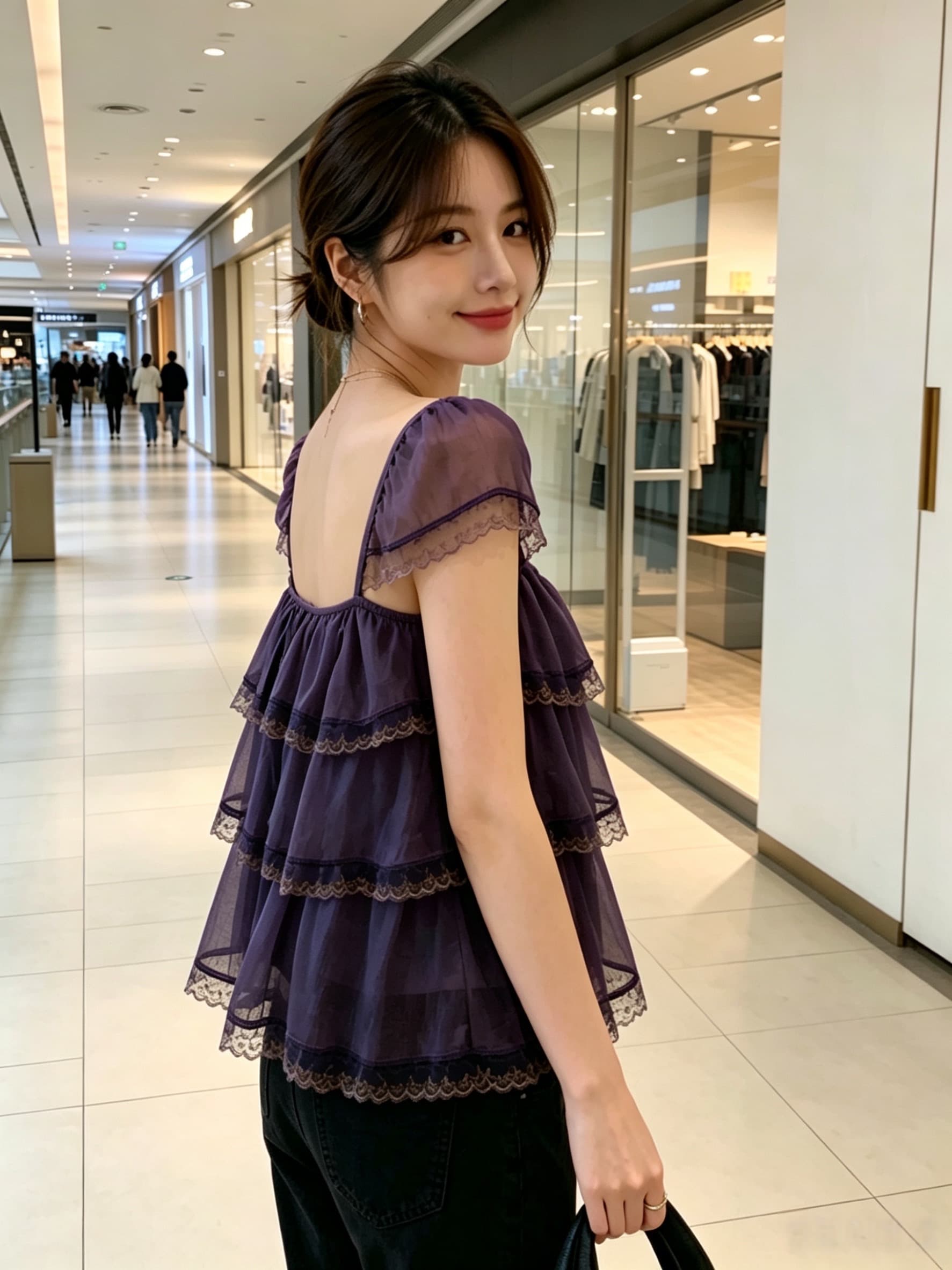 실사 정가 수 있습니다. 조정 어깨끈 오픈 가디건 프릴 레이스 계층의 감각 작은 날다 소매 광장 칼라 슬립 여성 상세 이미지 6