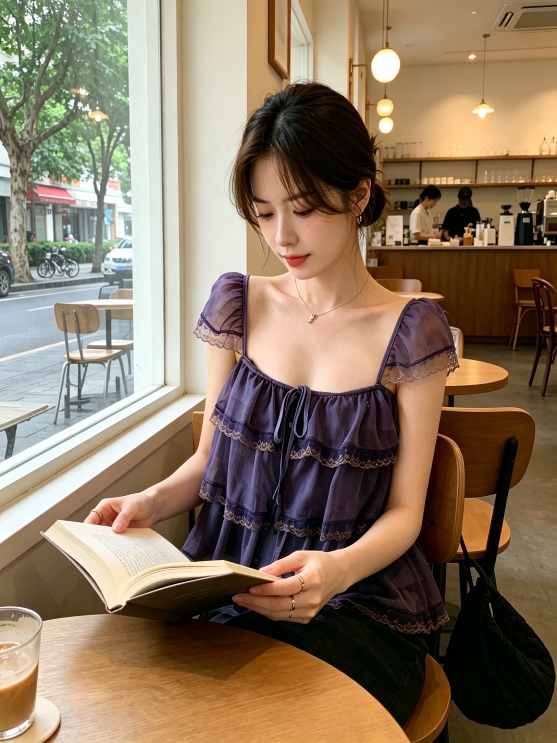 실사 정가 수 있습니다. 조정 어깨끈 오픈 가디건 프릴 레이스 계층의 감각 작은 날다 소매 광장 칼라 슬립 여성 상세 이미지 7