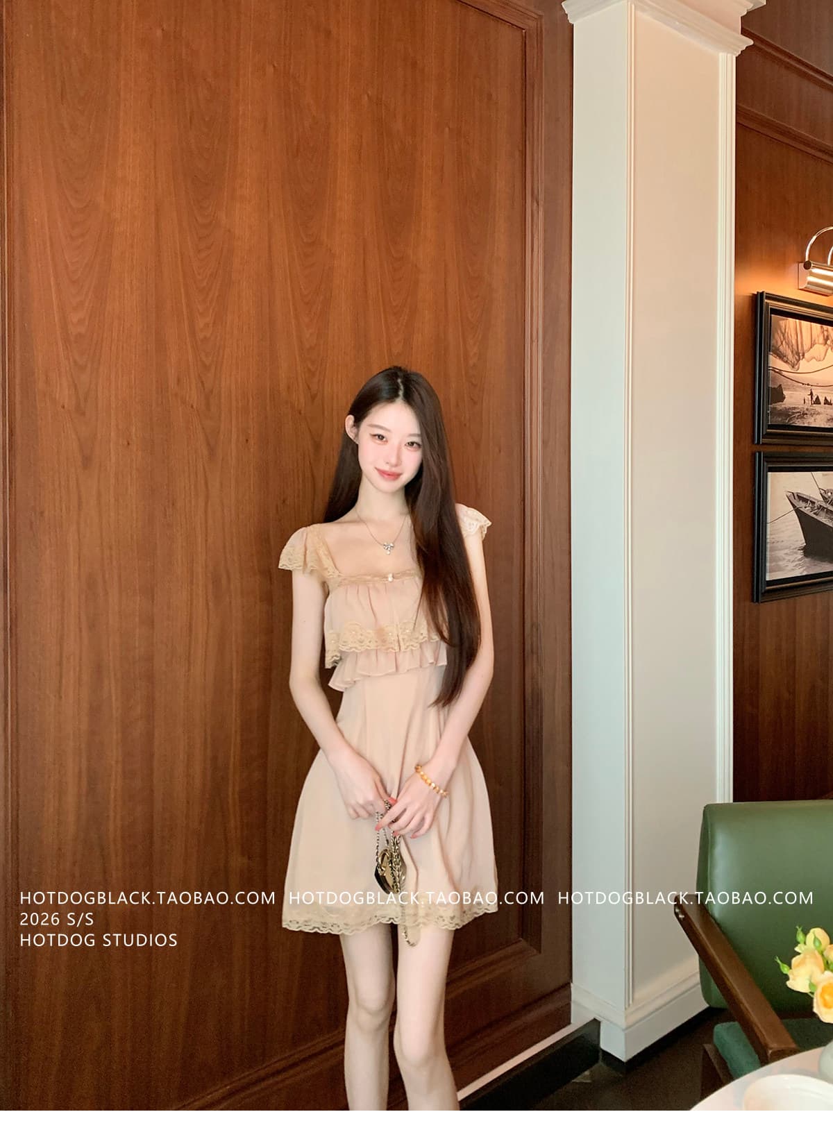 인터넷 그림 분말 안개 마이크로 레이스 조각 광장 칼라 여성 드레스 달콤함 부드러운 미니 스커트 상세 이미지 12