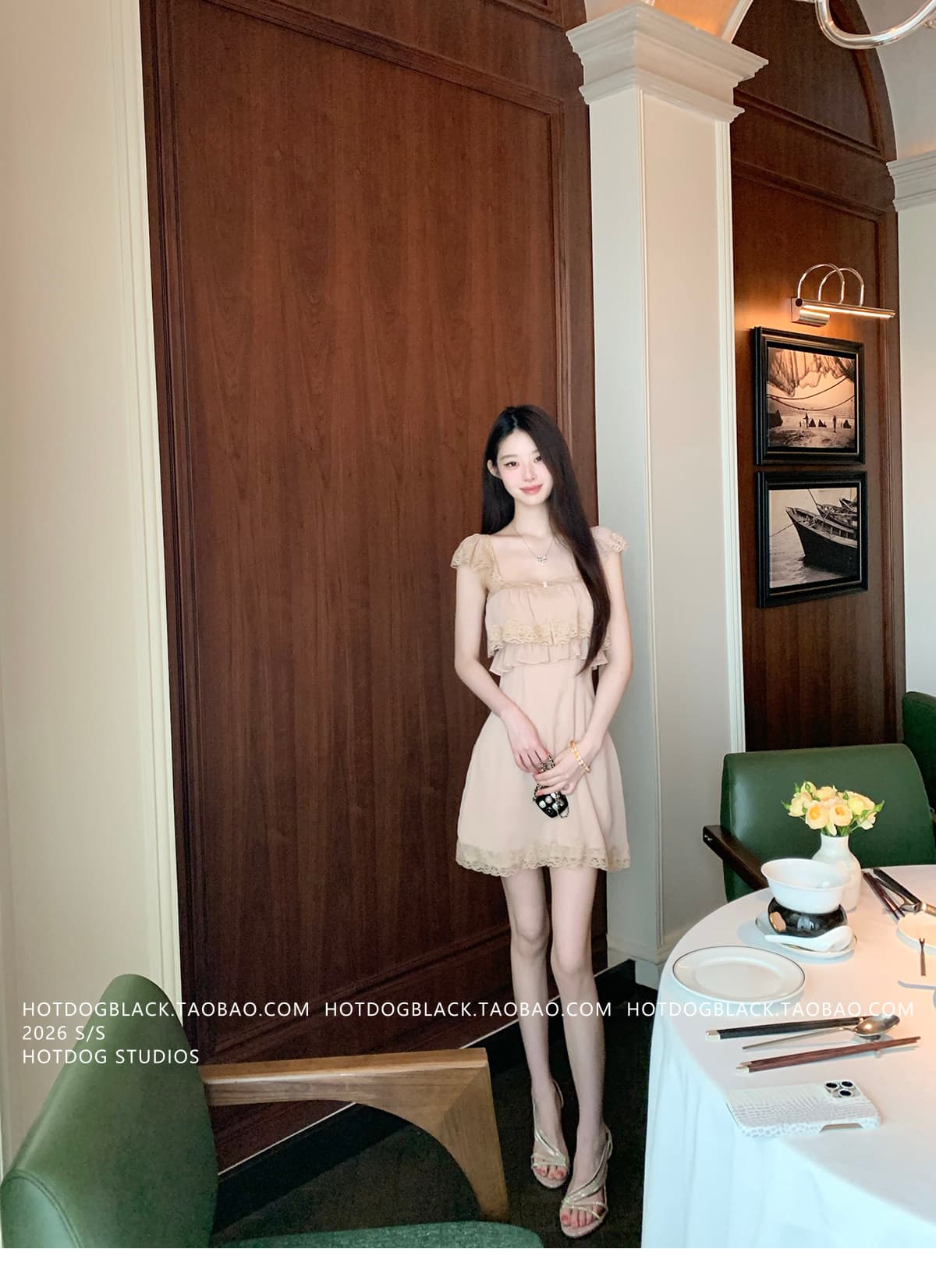 인터넷 그림 분말 안개 마이크로 레이스 조각 광장 칼라 여성 드레스 달콤함 부드러운 미니 스커트 상세 이미지 14