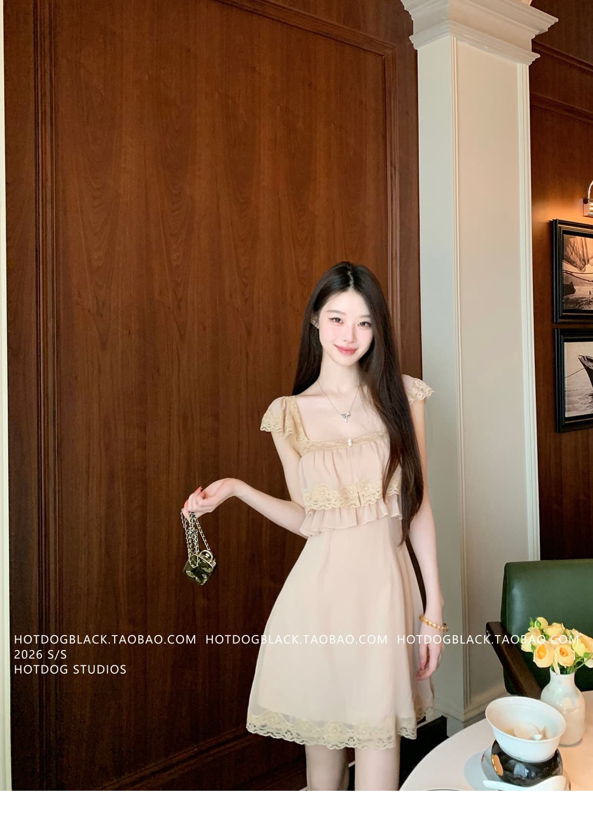 인터넷 그림 분말 안개 마이크로 레이스 조각 광장 칼라 여성 드레스 달콤함 부드러운 미니 스커트 상세 이미지 23