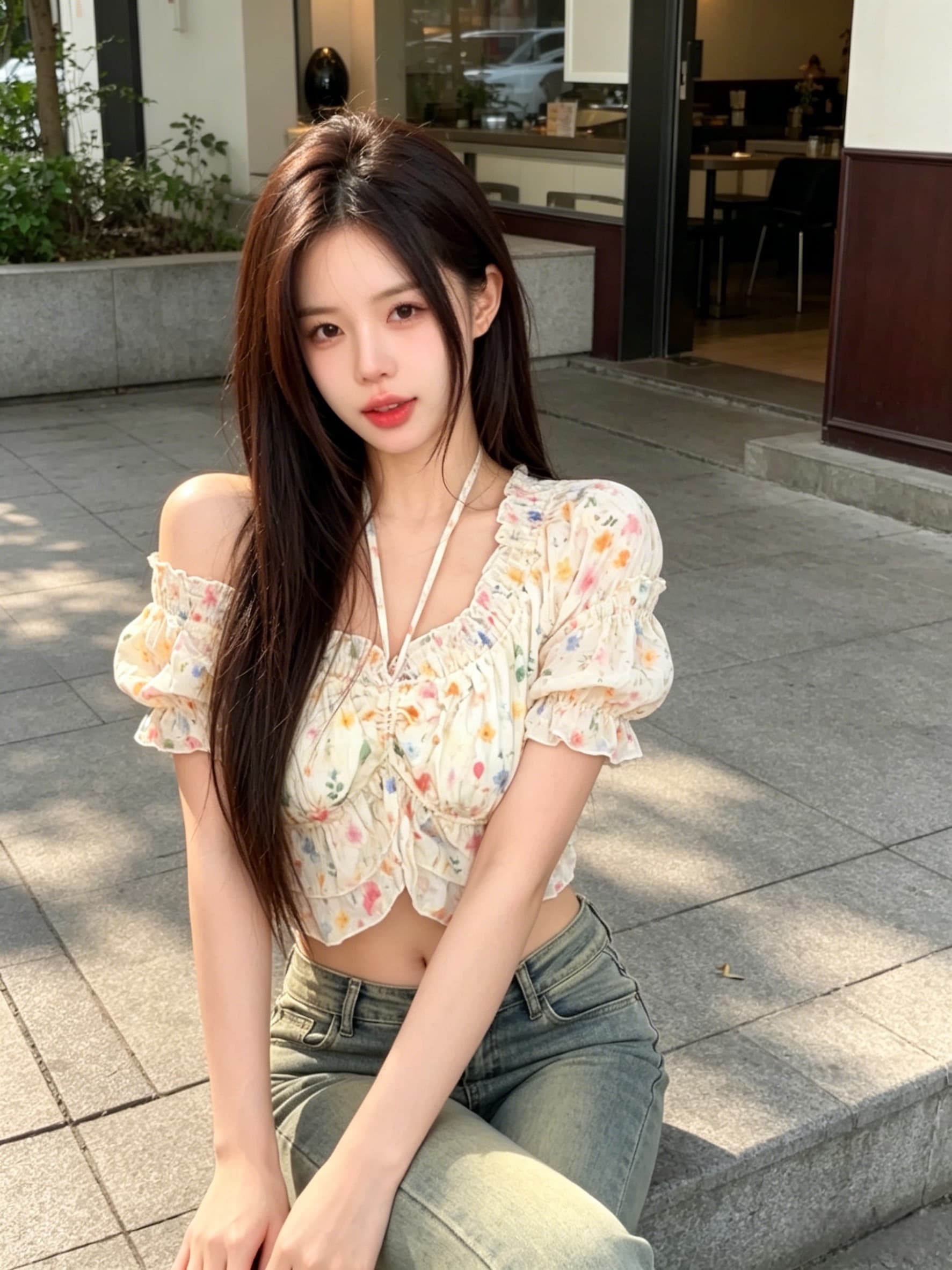실사 정가 달콤한 산소 소녀 순수한 욕망 오프숄더 레이스 자수 꽃무늬 맨위 거품 소매 셔츠 여름 상세 이미지 1