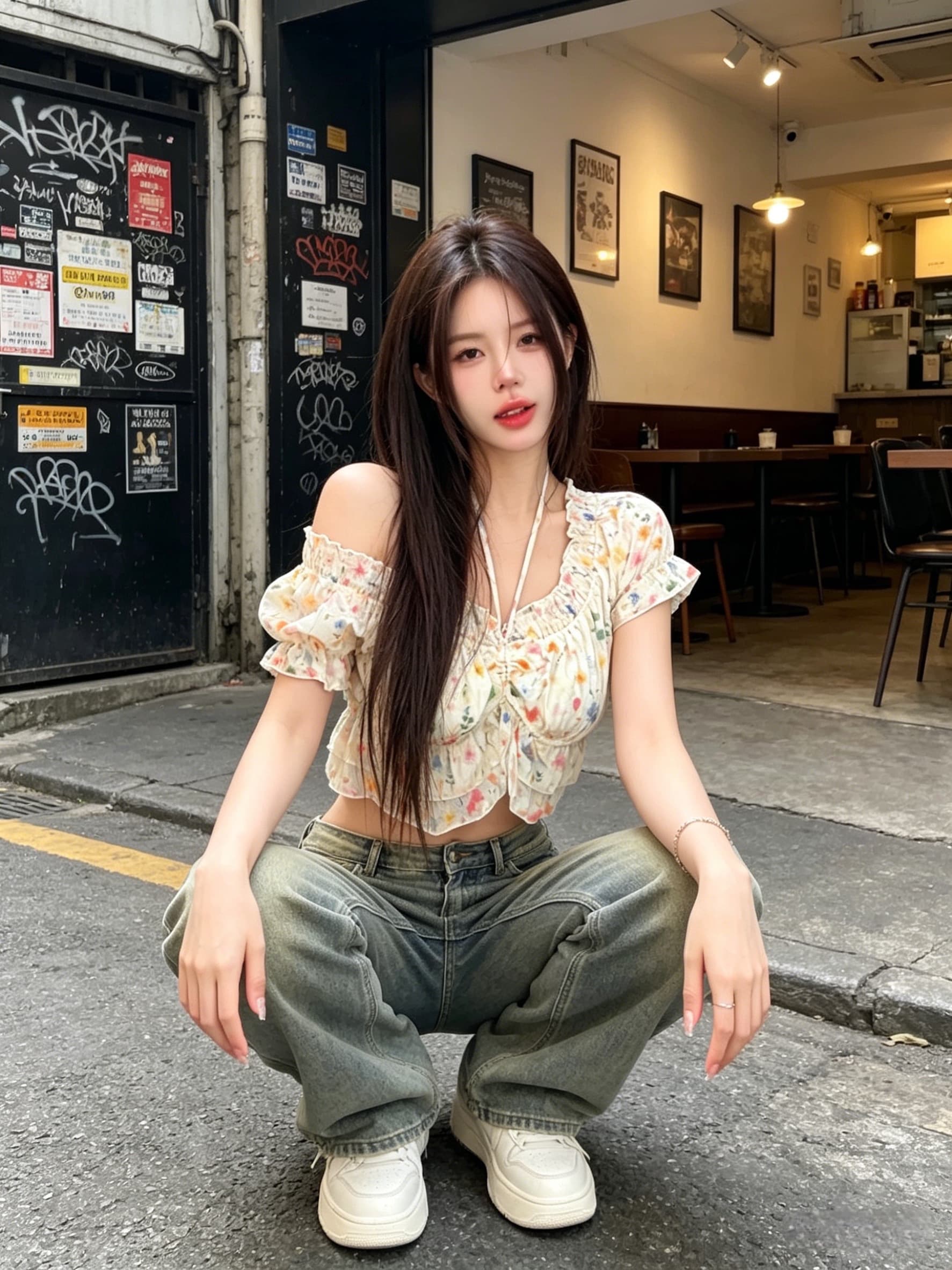 실사 정가 달콤한 산소 소녀 순수한 욕망 오프숄더 레이스 자수 꽃무늬 맨위 거품 소매 셔츠 여름 상세 이미지 6