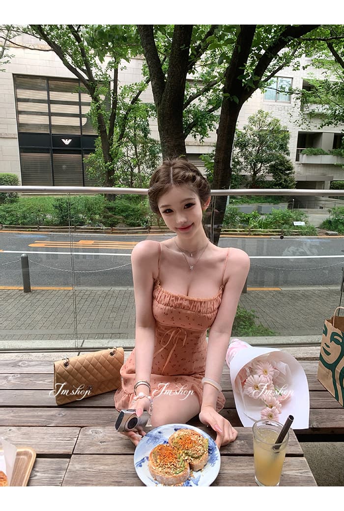 인터넷 그림 순수한 욕망 바람 주황색 꽃무늬 슬립 여성 드레스 여름 새로운 허리 수축 슬림해 보이는 품격 핫걸 미니 스커트 상세 이미지 10