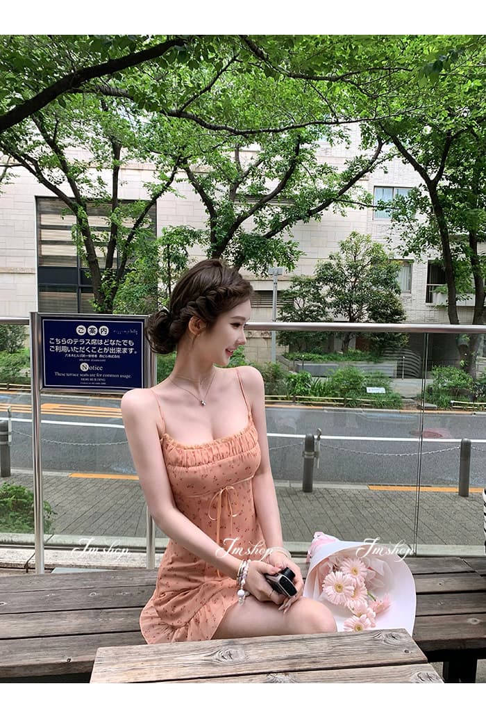 인터넷 그림 순수한 욕망 바람 주황색 꽃무늬 슬립 여성 드레스 여름 새로운 허리 수축 슬림해 보이는 품격 핫걸 미니 스커트 상세 이미지 11