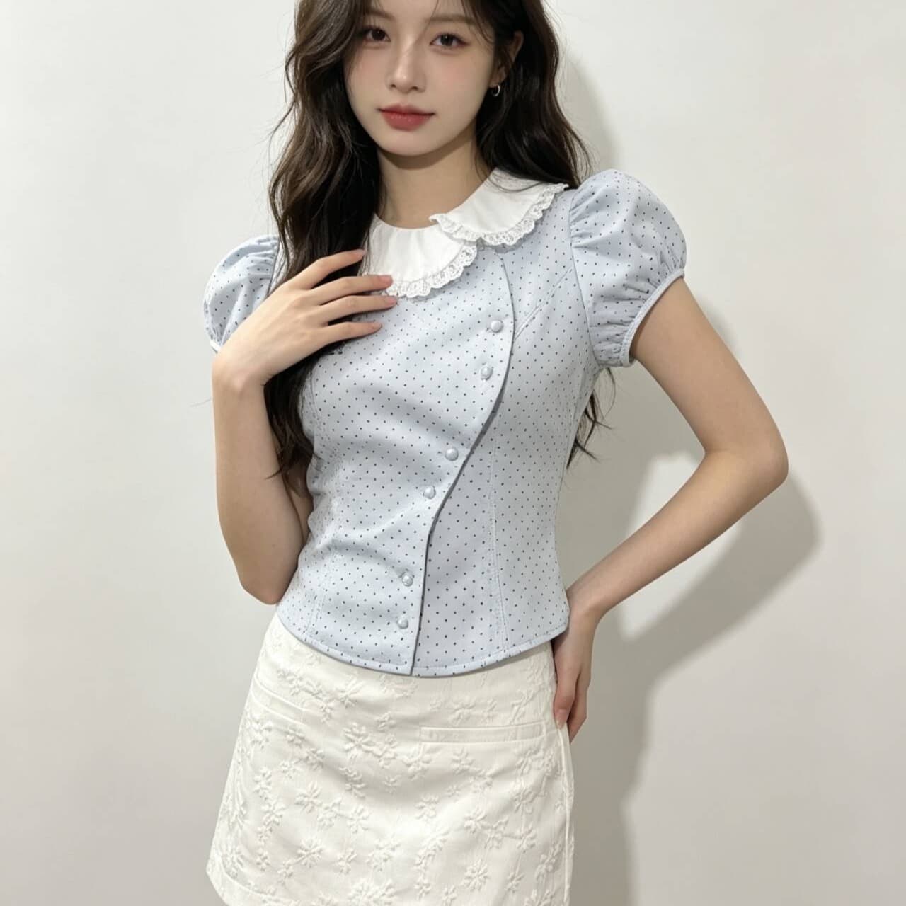 실사 정가 소녀 배색 베이비 칼라 비스듬한 문 襟 허리 수축 레트로 도트 무늬 맨위 자카드 반 스커트 세트 여성 이미지 5