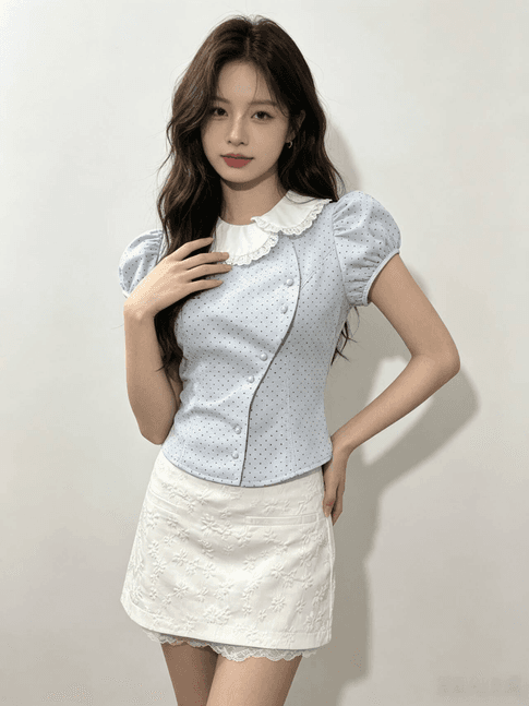 실사 정가 소녀 배색 베이비 칼라 비스듬한 문 襟 허리 수축 레트로 도트 무늬 맨위 자카드 반 스커트 세트 여성 상세 이미지 6