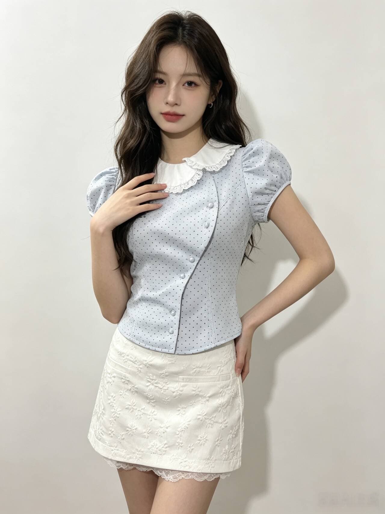 실사 정가 소녀 배색 베이비 칼라 비스듬한 문 襟 허리 수축 레트로 도트 무늬 맨위 자카드 반 스커트 세트 여성 상세 이미지 7