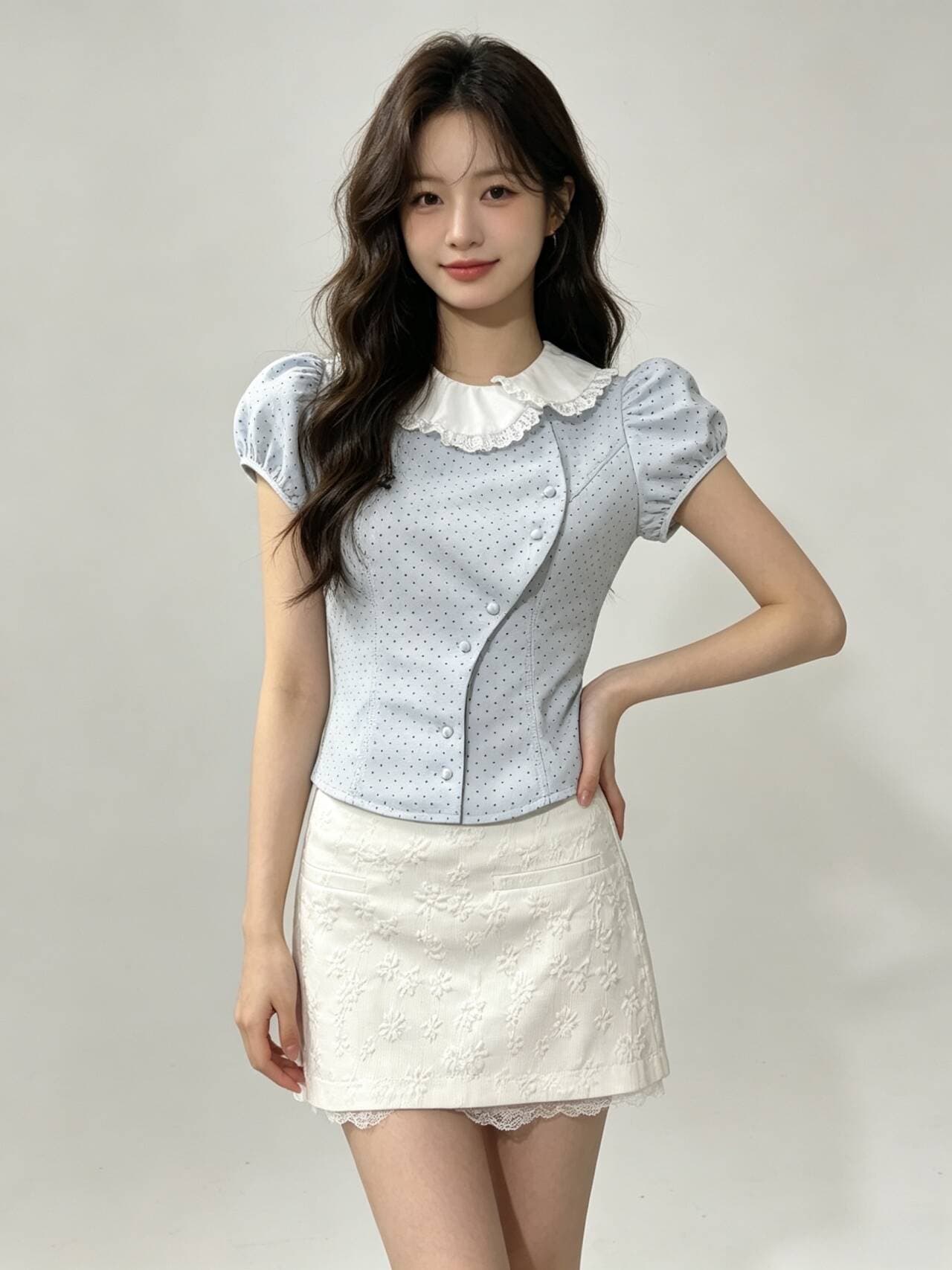실사 정가 소녀 배색 베이비 칼라 비스듬한 문 襟 허리 수축 레트로 도트 무늬 맨위 자카드 반 스커트 세트 여성 상세 이미지 9