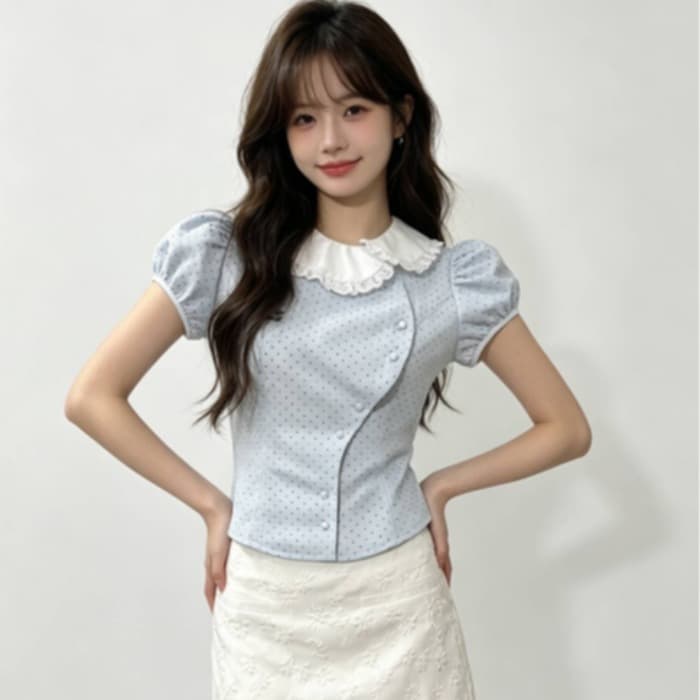 실사 정가 소녀 배색 베이비 칼라 비스듬한 문 襟 허리 수축 레트로 도트 무늬 맨위 자카드 반 스커트 세트 여성 이미지 4