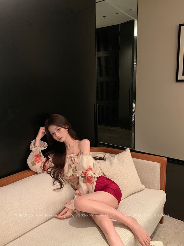가을 신제품 열정적 인 시간 장미 오프숄더 시폰 셔츠 여성 가을 레트로 루즈핏 슬림해 보이는 맨위 상세 이미지 8