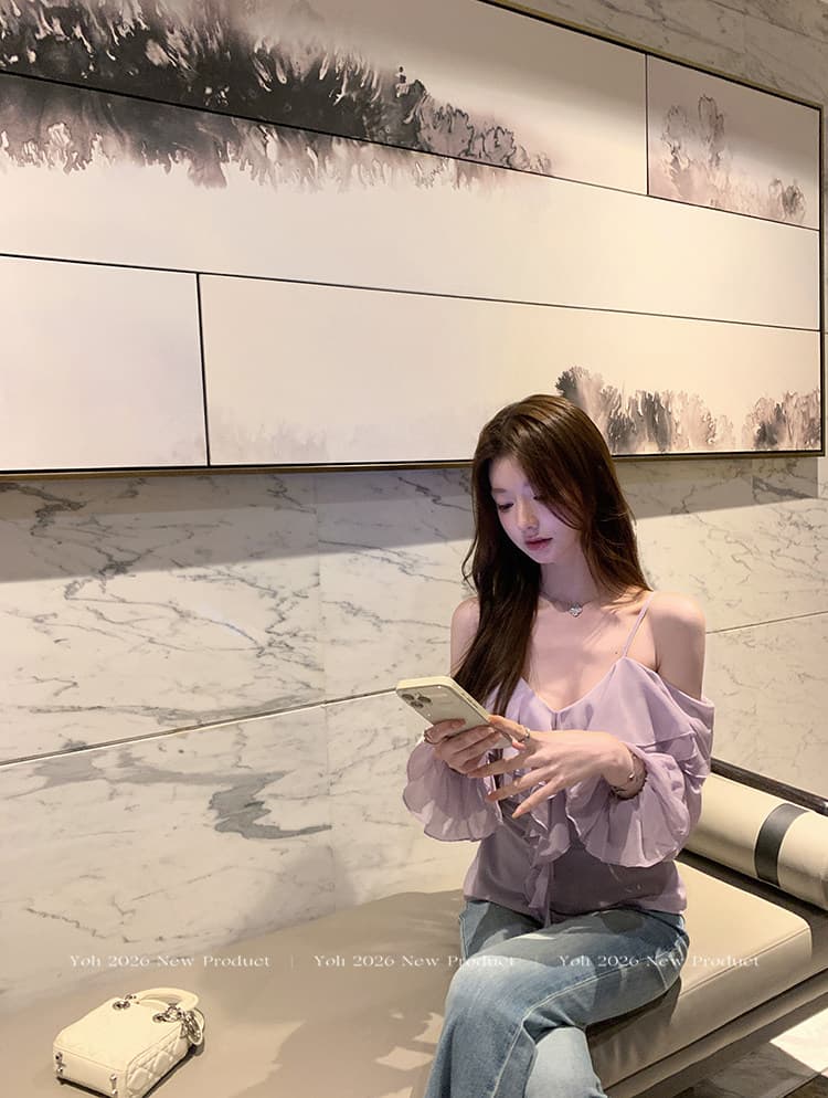 원본 원료 낭만주의 시적인 보라색 V넥 프릴 시폰 셔츠 여성 가을 미니멀리즘 품격 오프숄더 맨위 상세 이미지 5