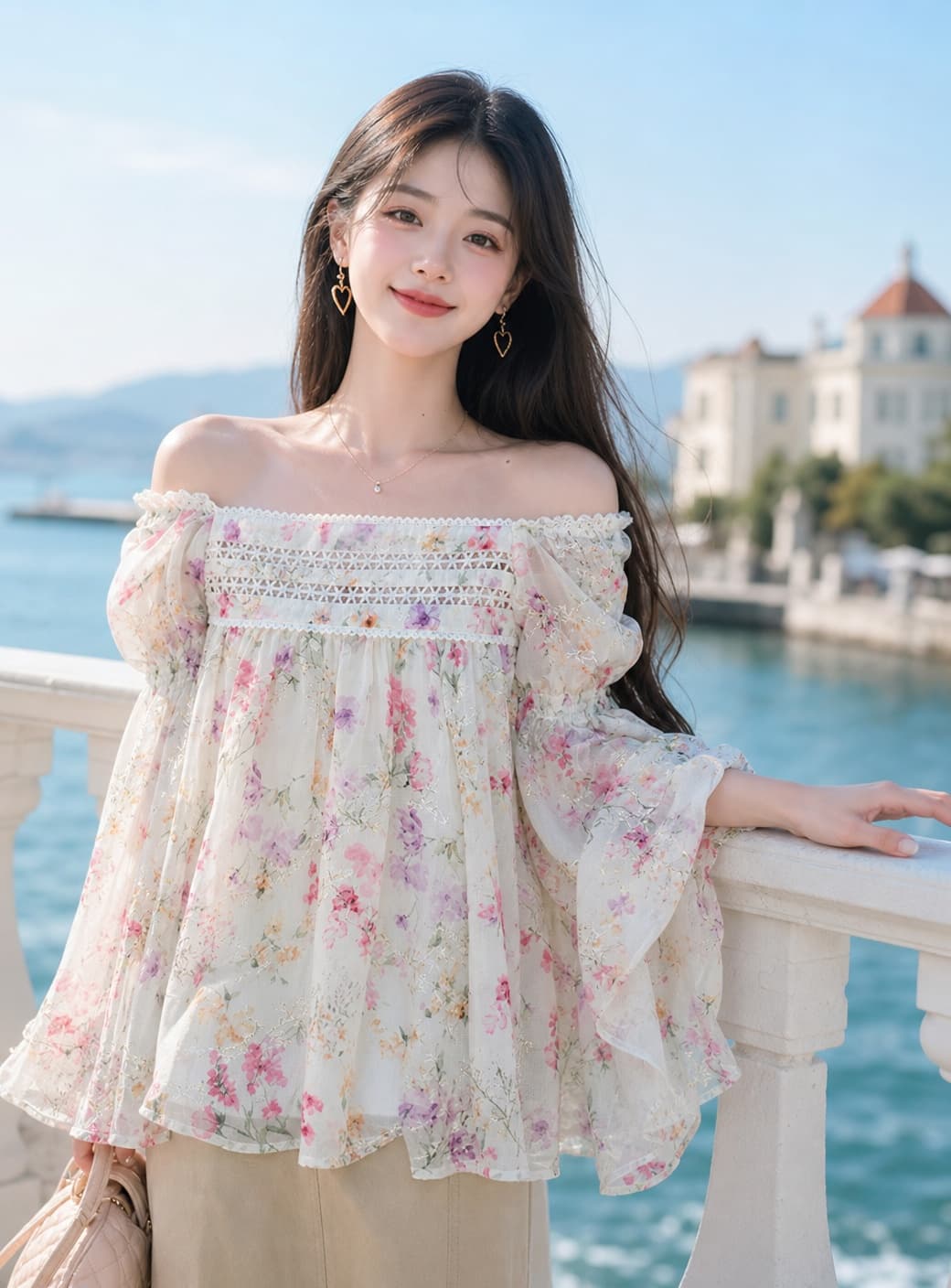 실사 정가 꽃무늬 레이스 오프숄더 루즈핏 쉬폰 블라우스 오프숄더 달콤함 신선함 소녀 맨위 이미지 2