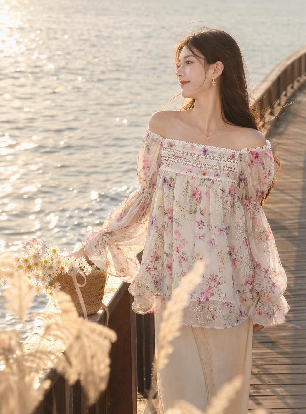 실사 정가 꽃무늬 레이스 오프숄더 루즈핏 쉬폰 블라우스 오프숄더 달콤함 신선함 소녀 맨위 상세 이미지 1