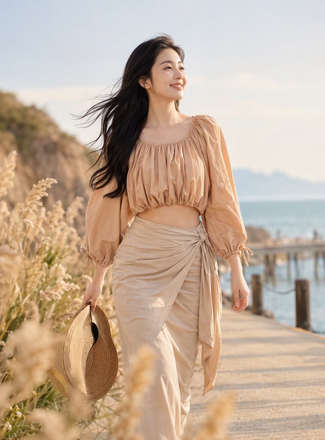 실사 정가 2026 년 가을 새로운 따뜻한 조정 보트넥 이슬 허리 거품 소매 쇼트 스타일 펌프 로프 맨위 여성 상세 이미지 12