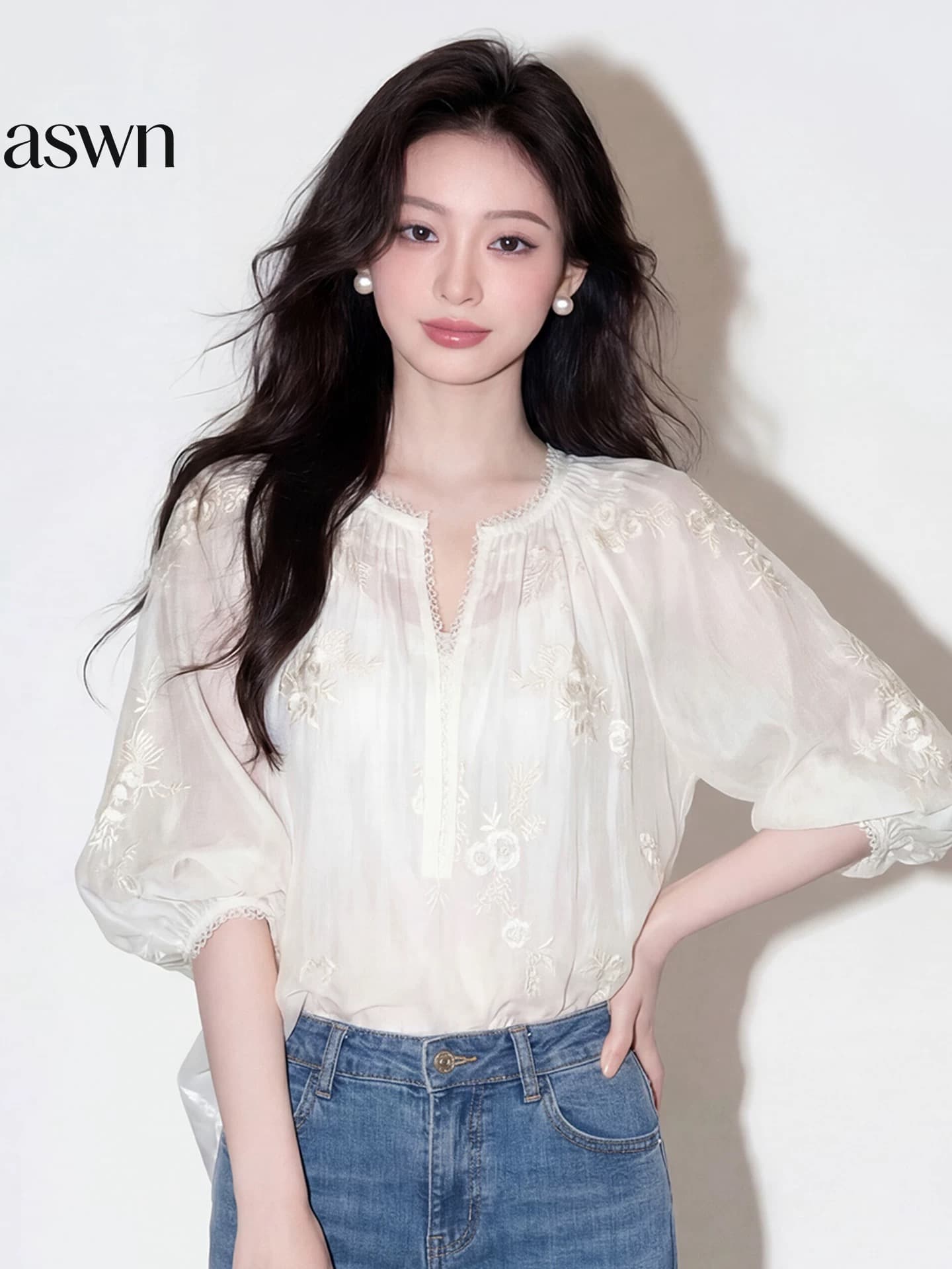 여름 2026 새로운 중식 빛 국풍 맨위 여성 거품 소매 쉬폰 블라우스 프릴 레이스업 V 넥 셔츠 이미지 2