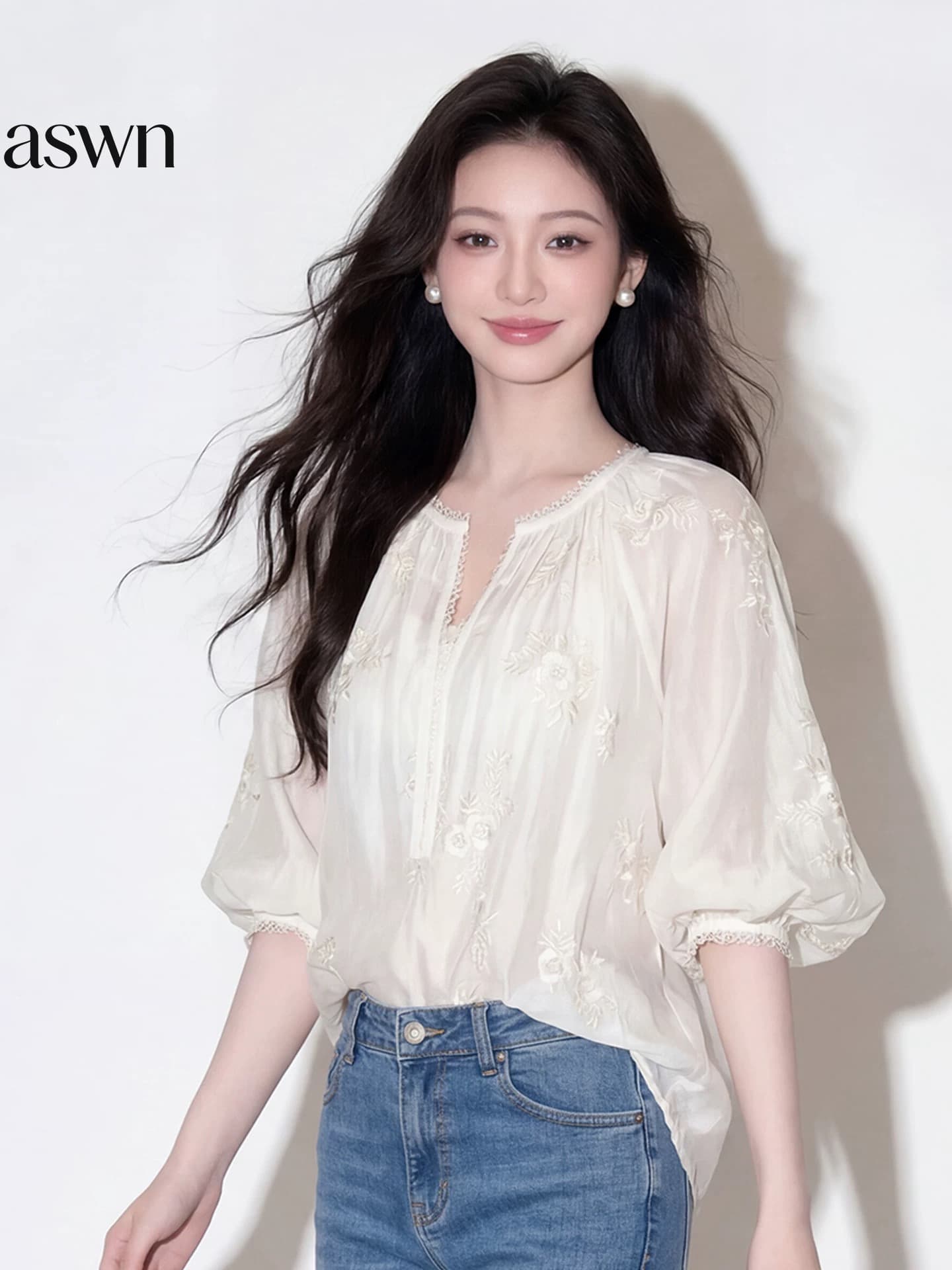 여름 2026 새로운 중식 빛 국풍 맨위 여성 거품 소매 쉬폰 블라우스 프릴 레이스업 V 넥 셔츠 이미지 4