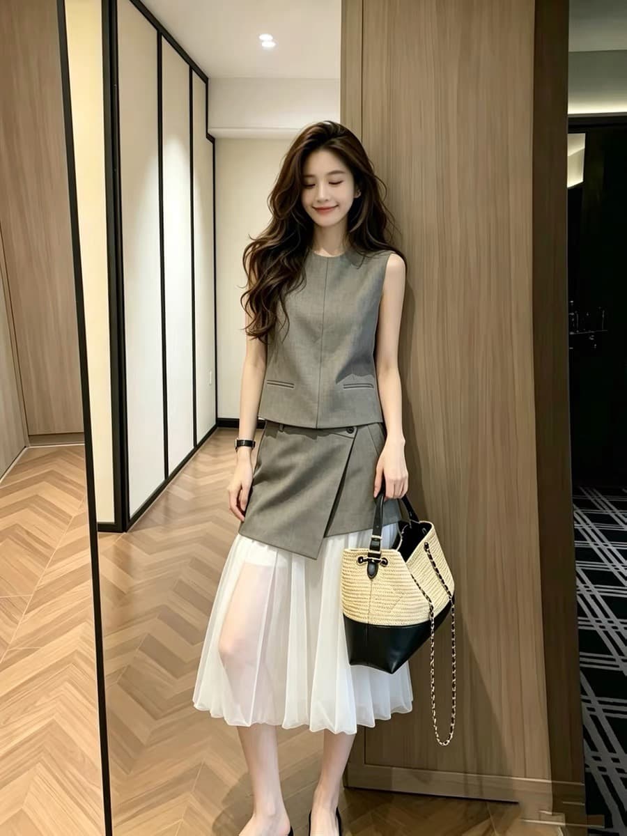 직장 출퇴근 오래된 돈 바람 한 부서 착용 가져 가라. 품격 고급 센스 민소매 베스트 반신 스커트 투피스 슈트 여성 여름 상세 이미지 3