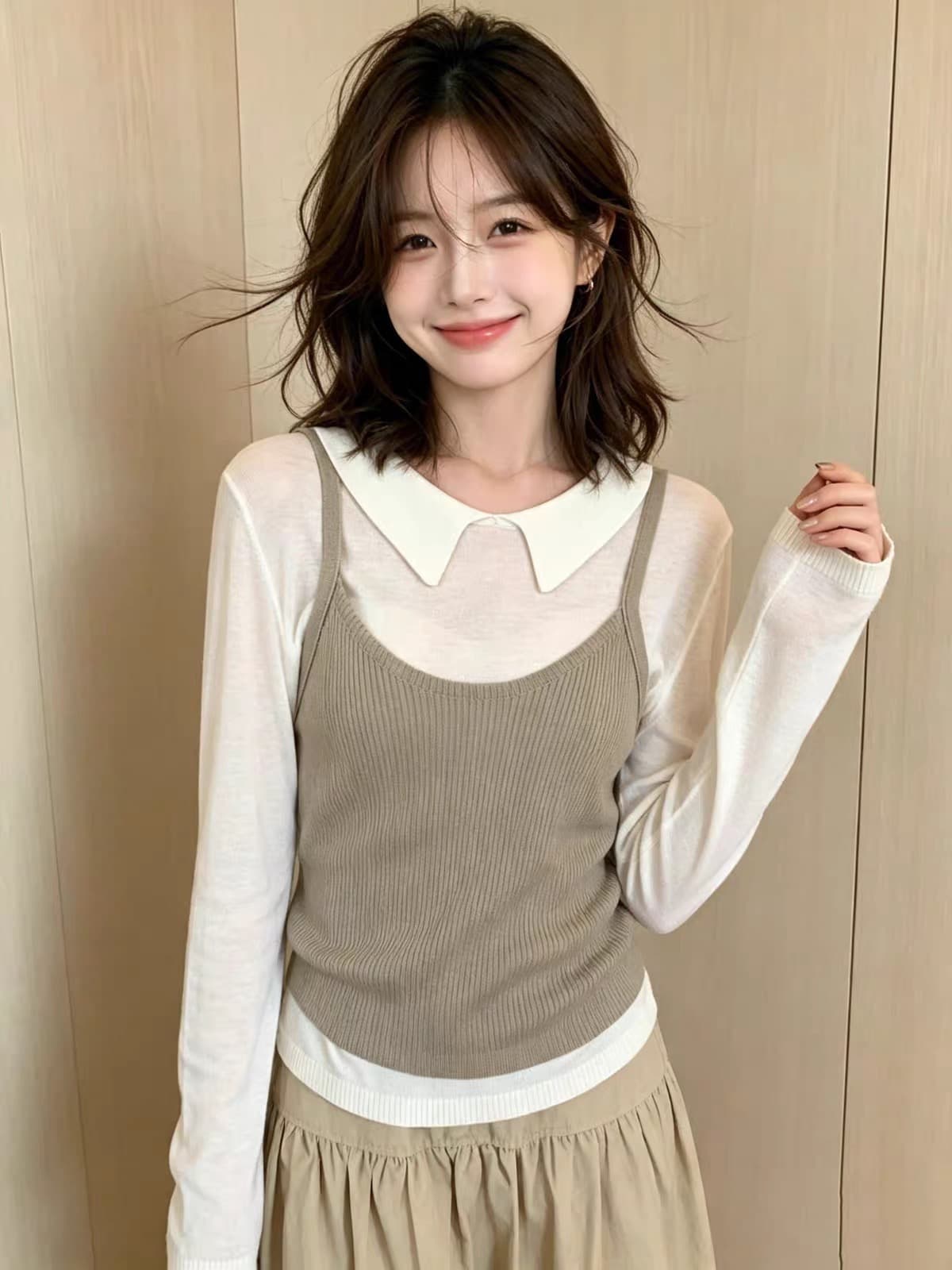 부드러운 한 부서 다용도 긴팔 캐미솔 니트 스웨터 세트 여성 가을 미니멀리즘 레트로 부드럽다 슬림해 보이는 맨위 이미지 3