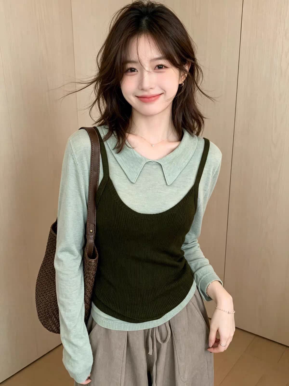 부드러운 한 부서 다용도 긴팔 캐미솔 니트 스웨터 세트 여성 가을 미니멀리즘 레트로 부드럽다 슬림해 보이는 맨위 이미지 2