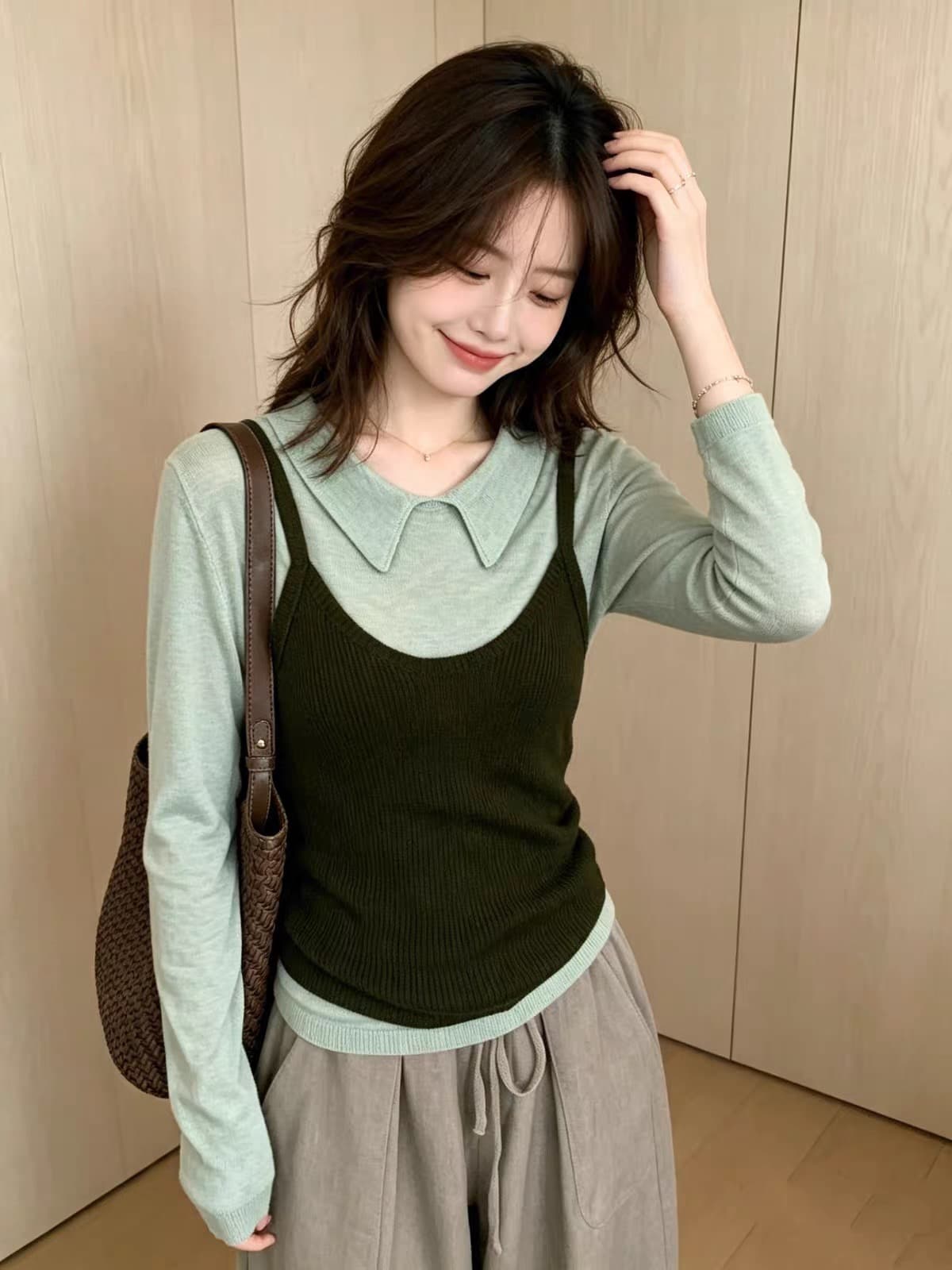 부드러운 한 부서 다용도 긴팔 캐미솔 니트 스웨터 세트 여성 가을 미니멀리즘 레트로 부드럽다 슬림해 보이는 맨위 상세 이미지 4