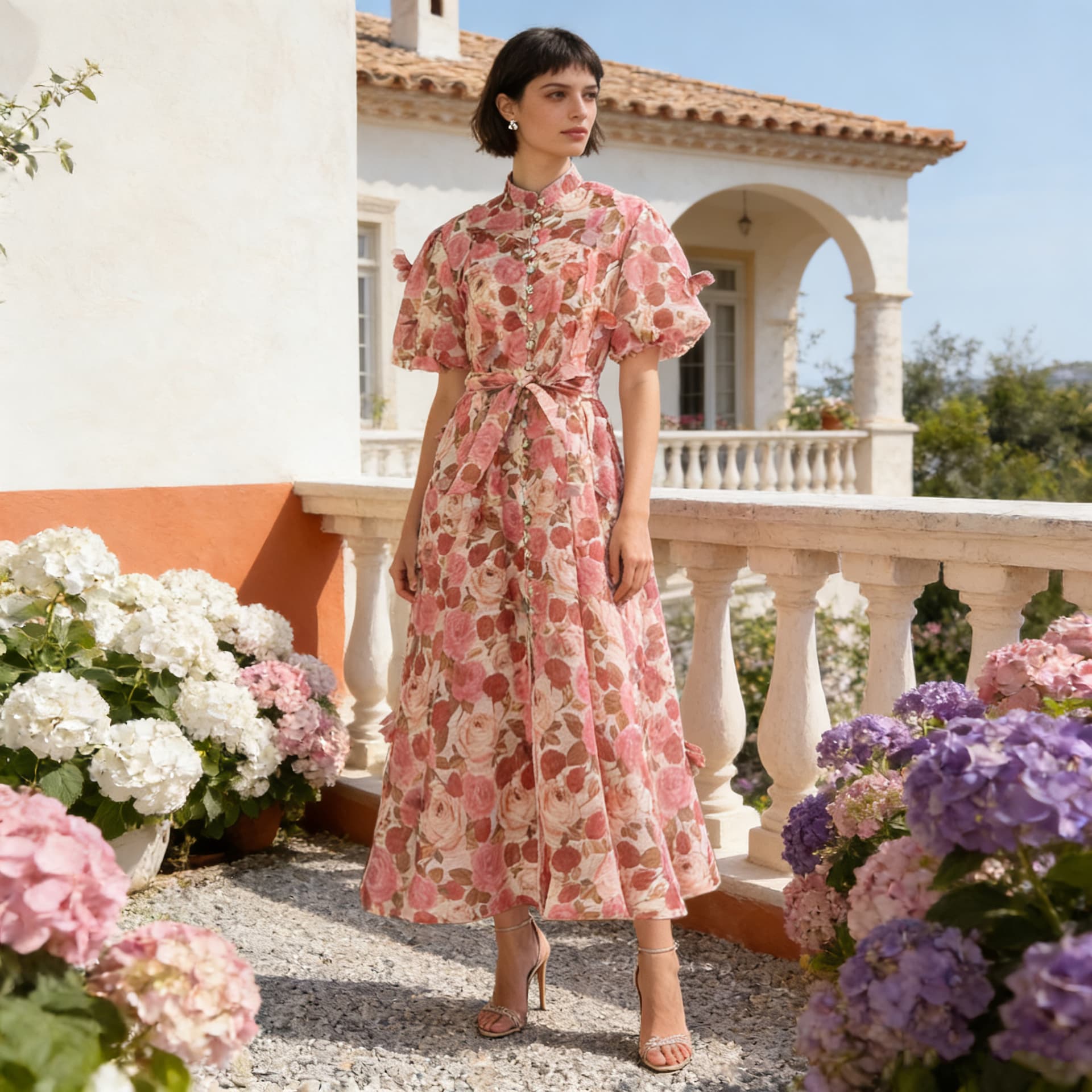 레트로 프랑스식 우아함 무거운 작업 못 꽃 행침 장식 싱글 줄 버튼 대 치마 드레스 여름 거품 소매 롱 스커트 여성 상세 이미지 7