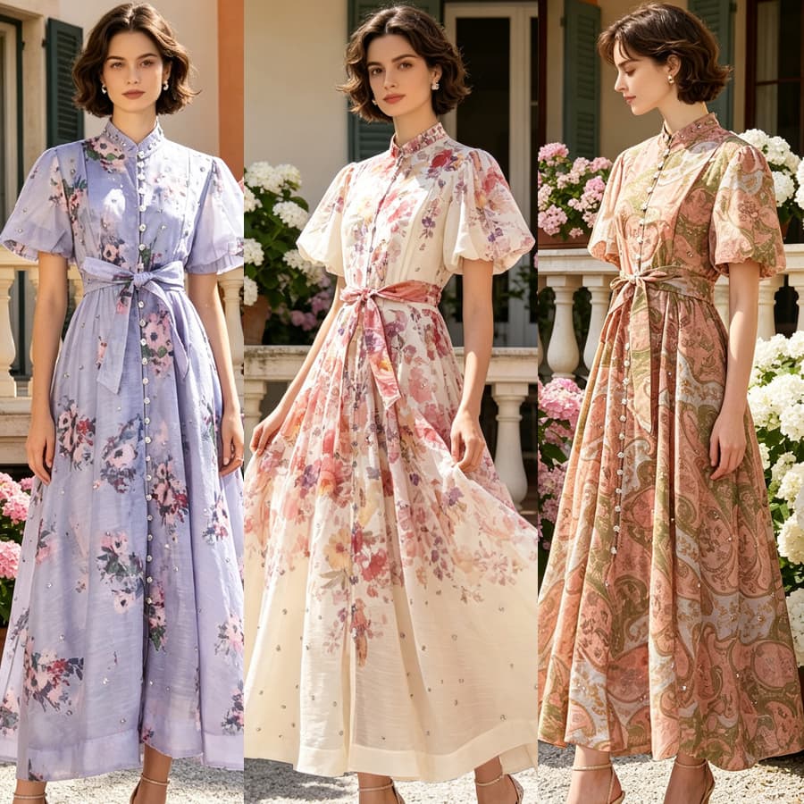 호주 새로운 높은 품질 레트로 프린트 Gypsophila 무거운 작업 비밀 훈련 큰 진자 드레스 절묘한 싱글 줄 버튼 롱 스커트