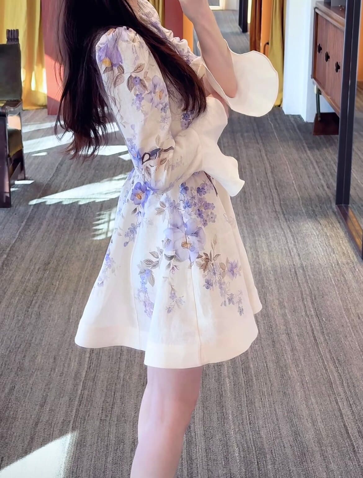 호주 작은 대중 luna 블루 노래 버드 프린트 연꽃 잎 소매 벨트 허리 수축 슬림해 보이는 V넥 드레스 여름 미니 스커트 상세 이미지 12