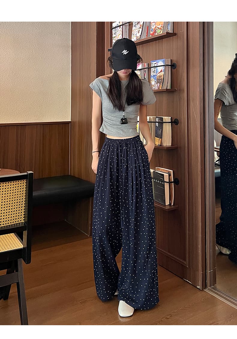 도트 무늬 면 린넨 와이드 레깅스 바지 2026 여름 새로운 느긋한 오래된 돈 휴가 바람 도루 센스 슬림해 보이는 바닥 청소 바지 상세 이미지 17