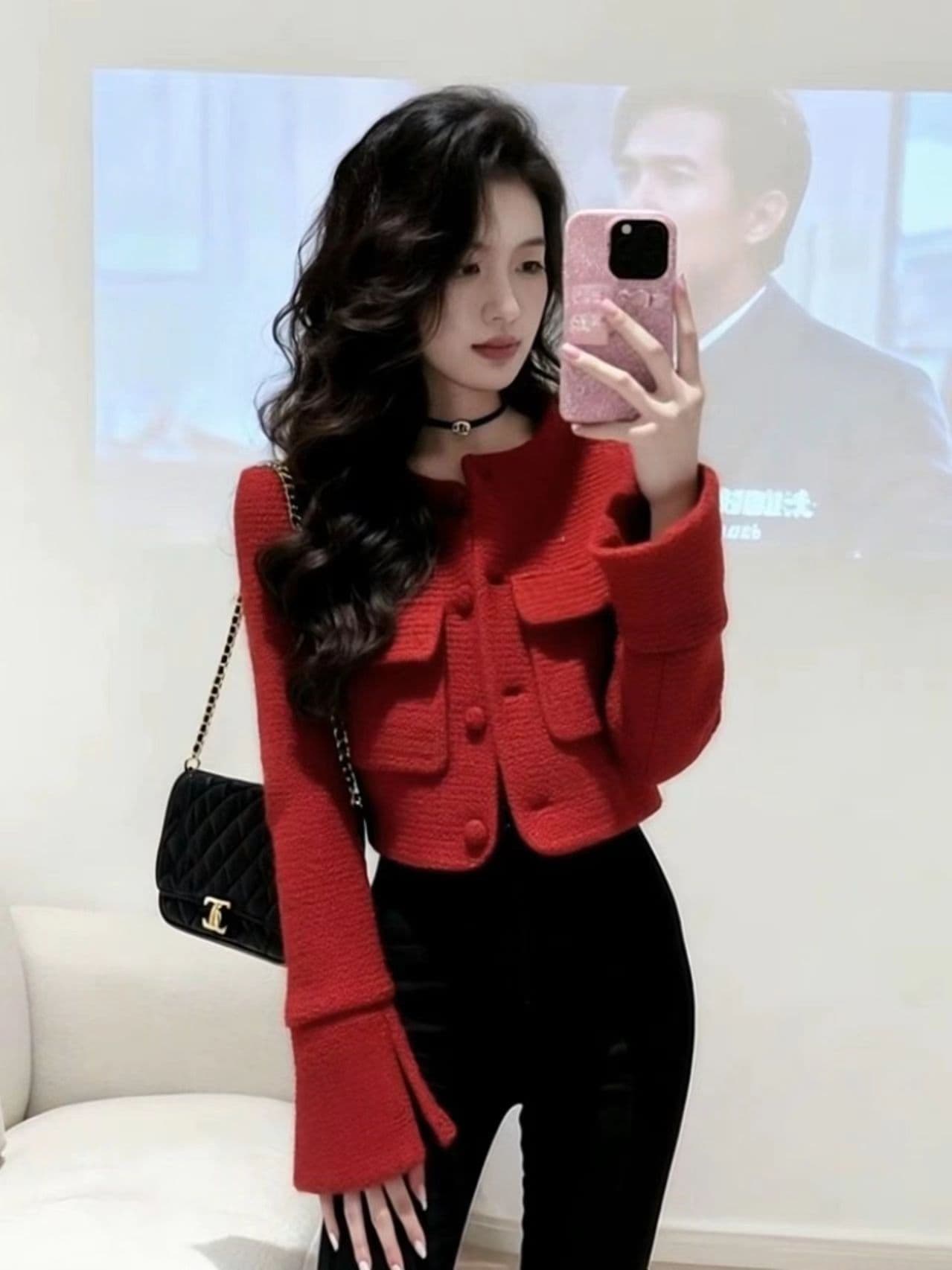 빨간색 작은 샤넬 스타일 재킷 2025 새로운 올해 인기 폭발 고급 품격 세련된 크리스마스 신년 맨위 겨울 상세 이미지 1