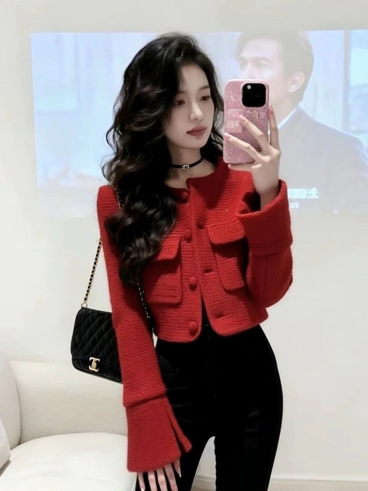 빨간색 작은 샤넬 스타일 재킷 2025 새로운 올해 인기 폭발 고급 품격 세련된 크리스마스 신년 맨위 겨울 상세 이미지 2