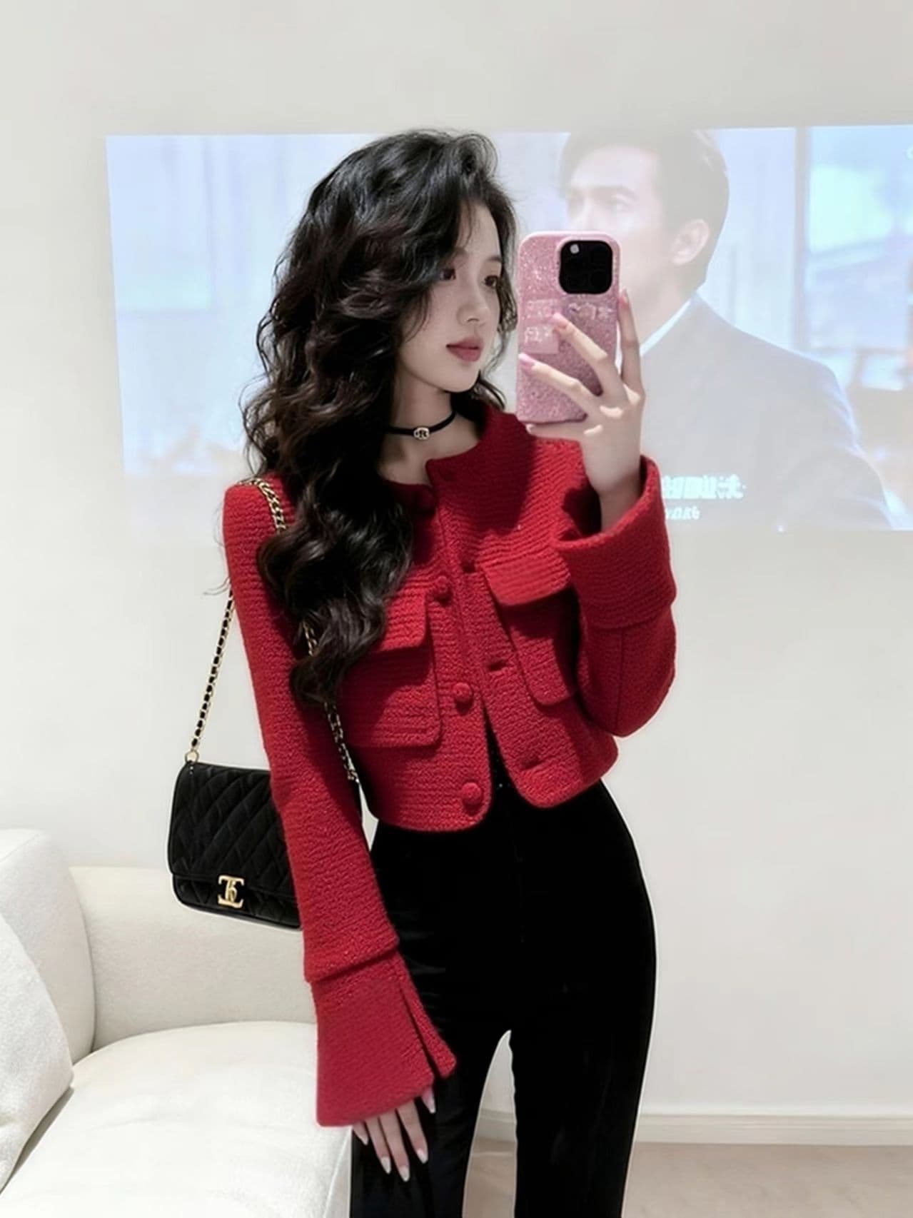 빨간색 작은 샤넬 스타일 재킷 2025 새로운 올해 인기 폭발 고급 품격 세련된 크리스마스 신년 맨위 겨울 상세 이미지 4